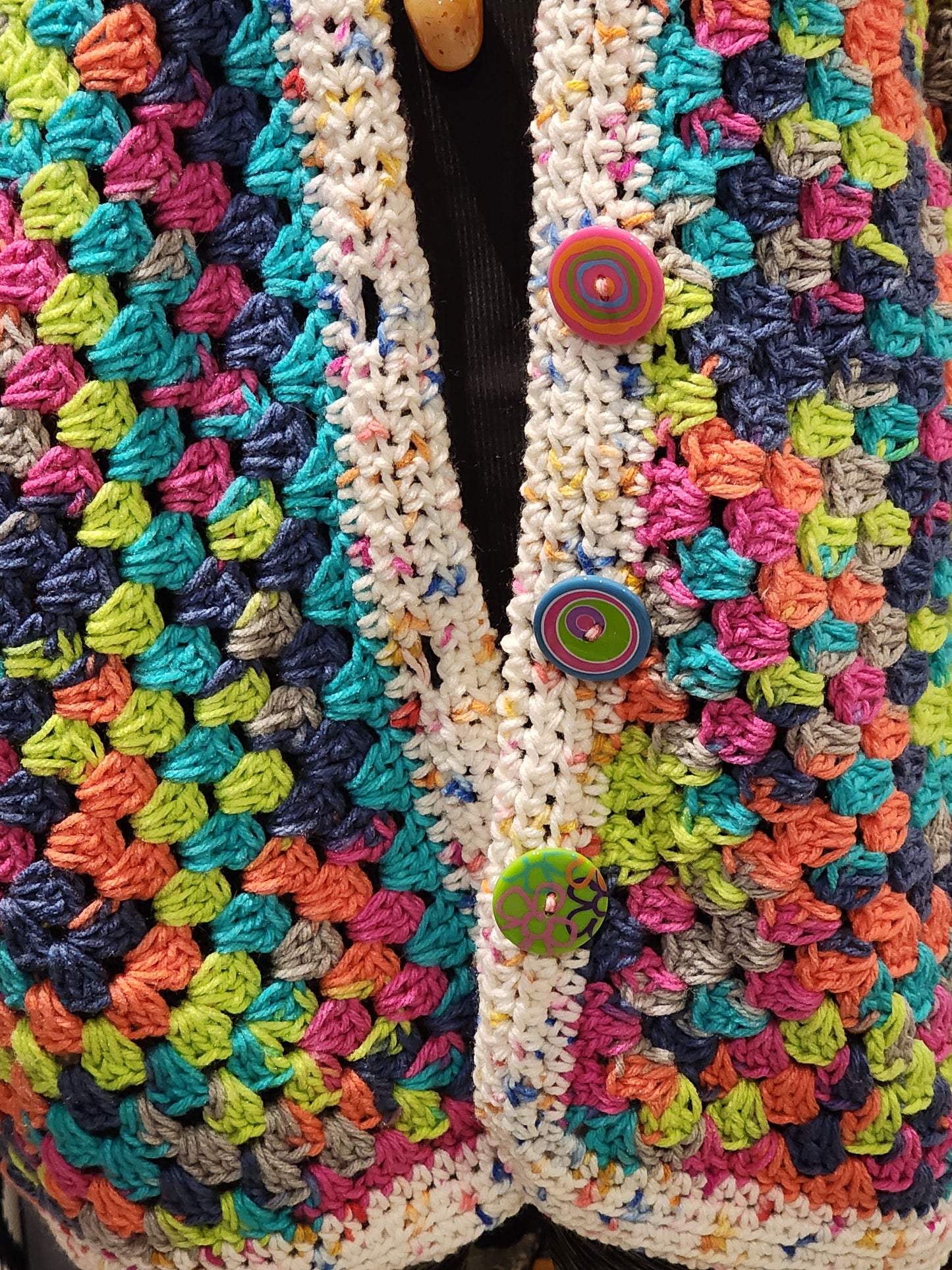 Handmade Oversized Crochet Multi Colored Cardigan Med-XXL Button Front Green, Blue,Pink, Orange, White, Festive
