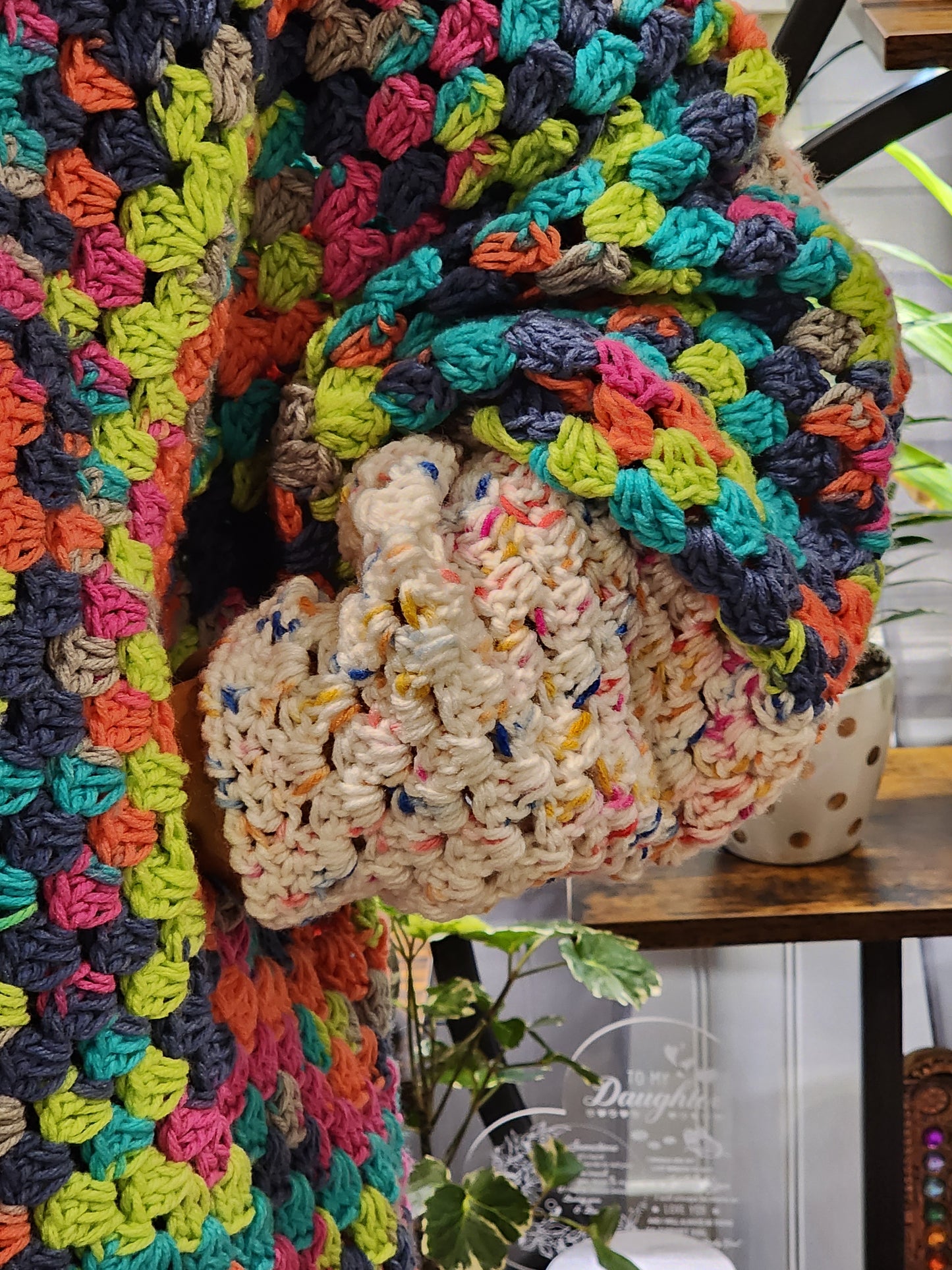 Handmade Oversized Crochet Multi Colored Cardigan Med-XXL Button Front Green, Blue,Pink, Orange, White, Festive