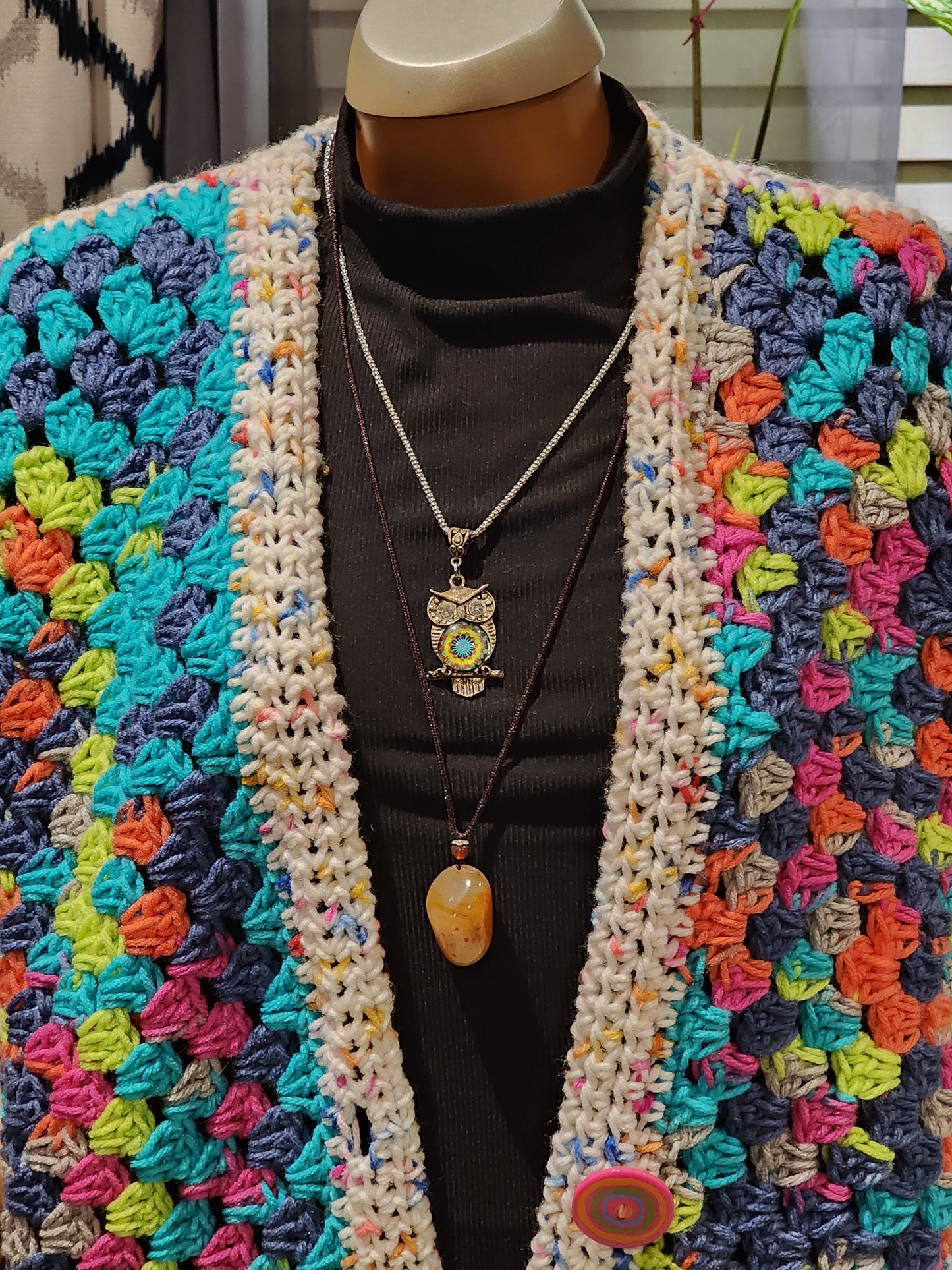 Handmade Oversized Crochet Multi Colored Cardigan Med-XXL Button Front Green, Blue,Pink, Orange, White, Festive