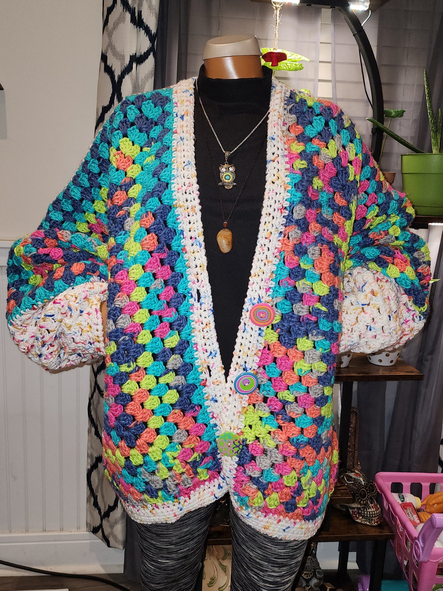 Handmade Oversized Crochet Multi Colored Cardigan Med-XXL Button Front Green, Blue,Pink, Orange, White, Festive