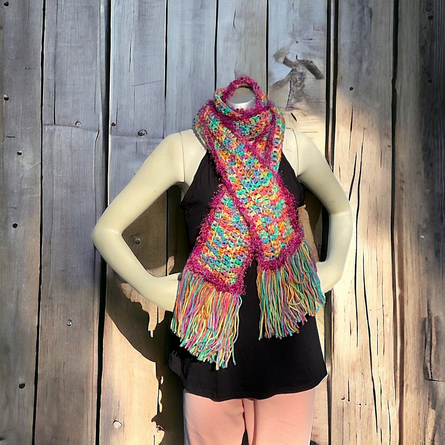Crochet Hat & Scarf set Multicolored with fringe and sparkle Yarn edging OOAK Size All