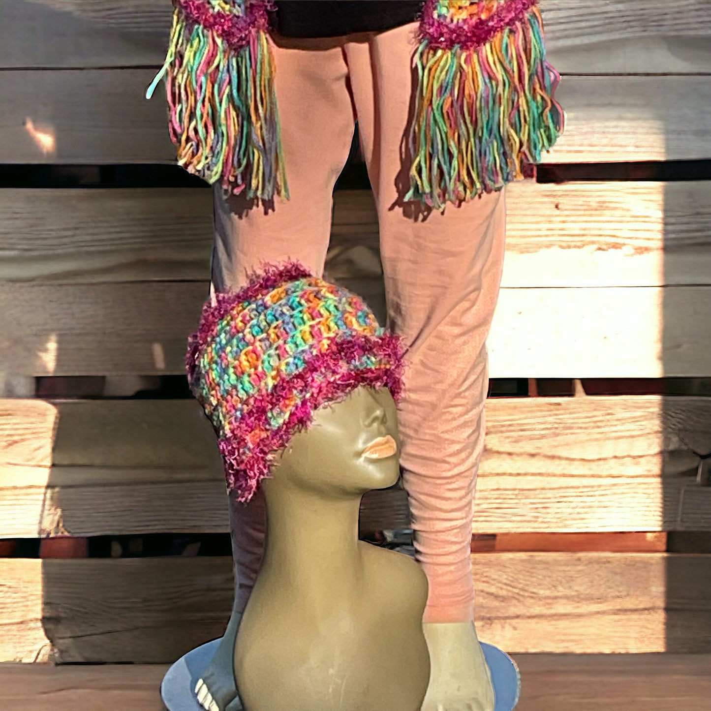 Crochet Hat & Scarf set Multicolored with fringe and sparkle Yarn edging OOAK Size All