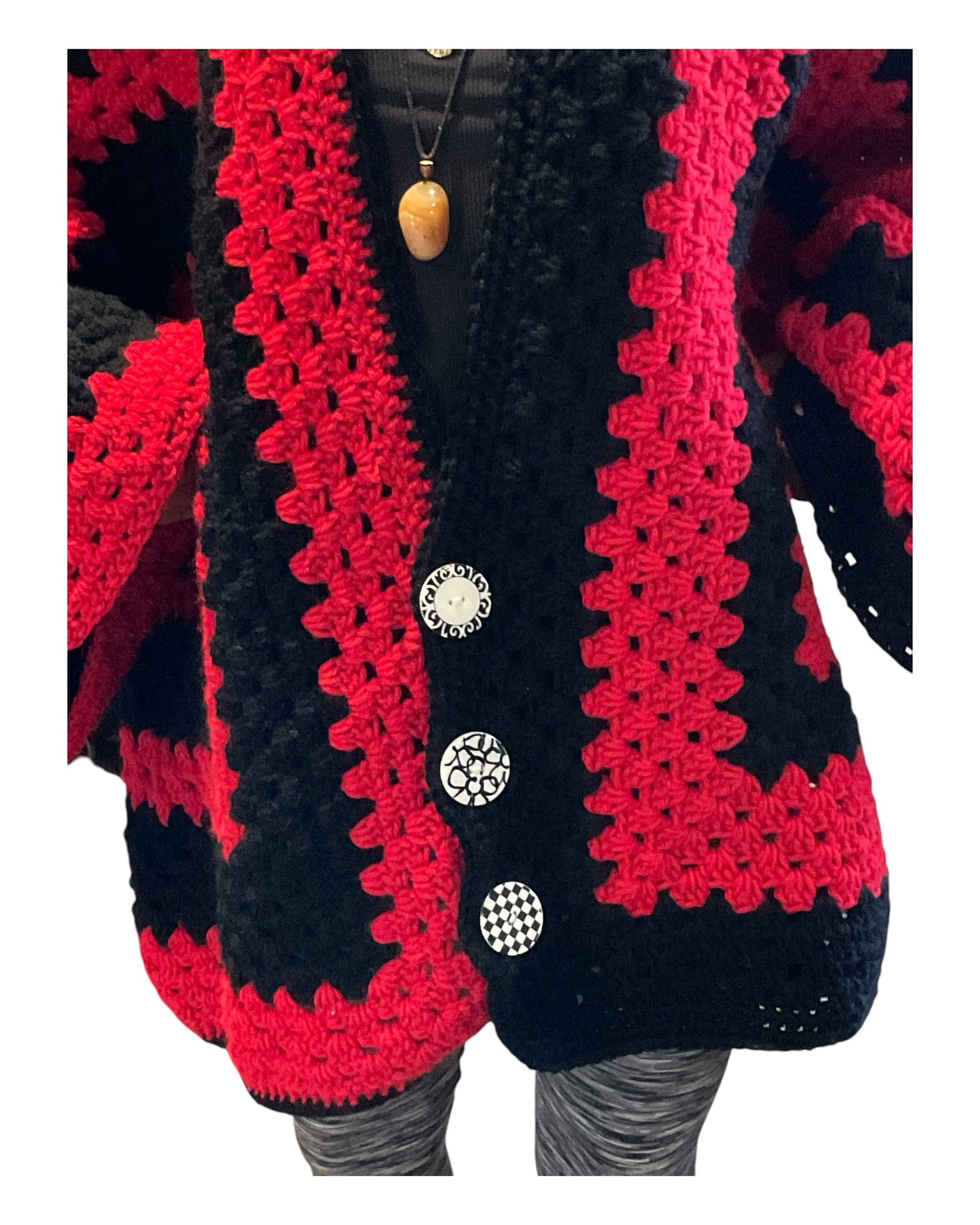 Oversized Sm/XL Red & Black Striped Hexi Cardigan Sweater with granny Square back