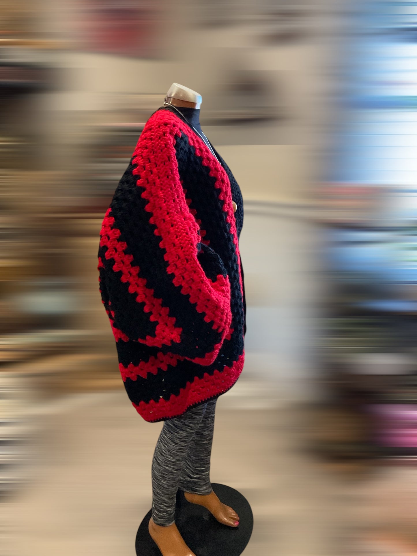 Oversized Sm/XL Red & Black Striped Hexi Cardigan Sweater with granny Square back