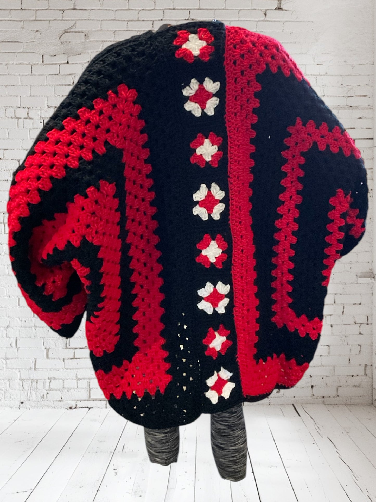 Oversized Sm/XL Red & Black Striped Hexi Cardigan Sweater with granny Square back