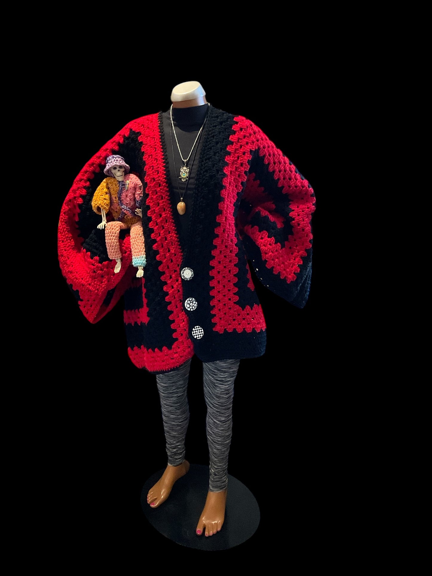 Oversized Sm/XL Red & Black Striped Hexi Cardigan Sweater with granny Square back