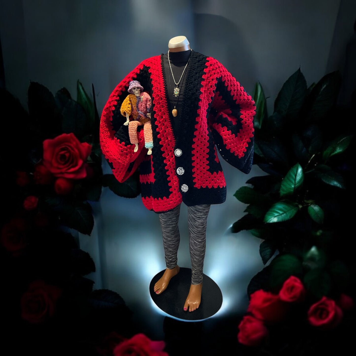 Oversized Sm/XL Red & Black Striped Hexi Cardigan Sweater with granny Square back