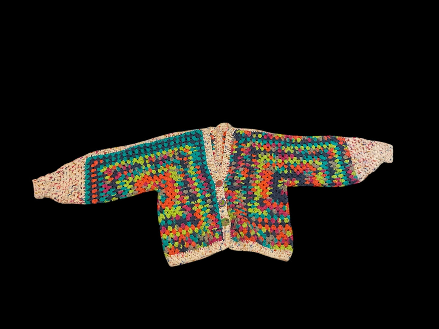 Handmade Oversized Crochet Multi Colored Cardigan Med-XXL Button Front Green, Blue,Pink, Orange, White, Festive