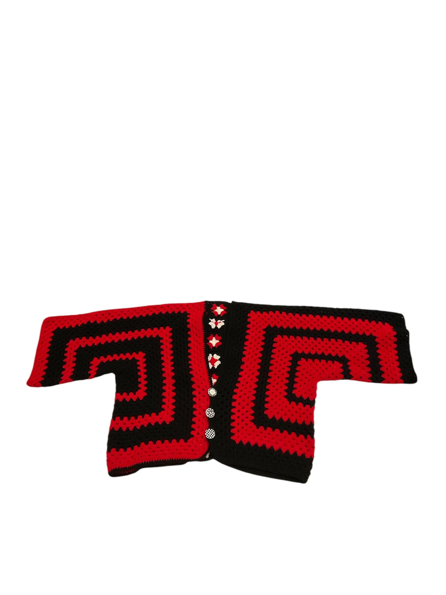 Oversized Sm/XL Red & Black Striped Hexi Cardigan Sweater with granny Square back