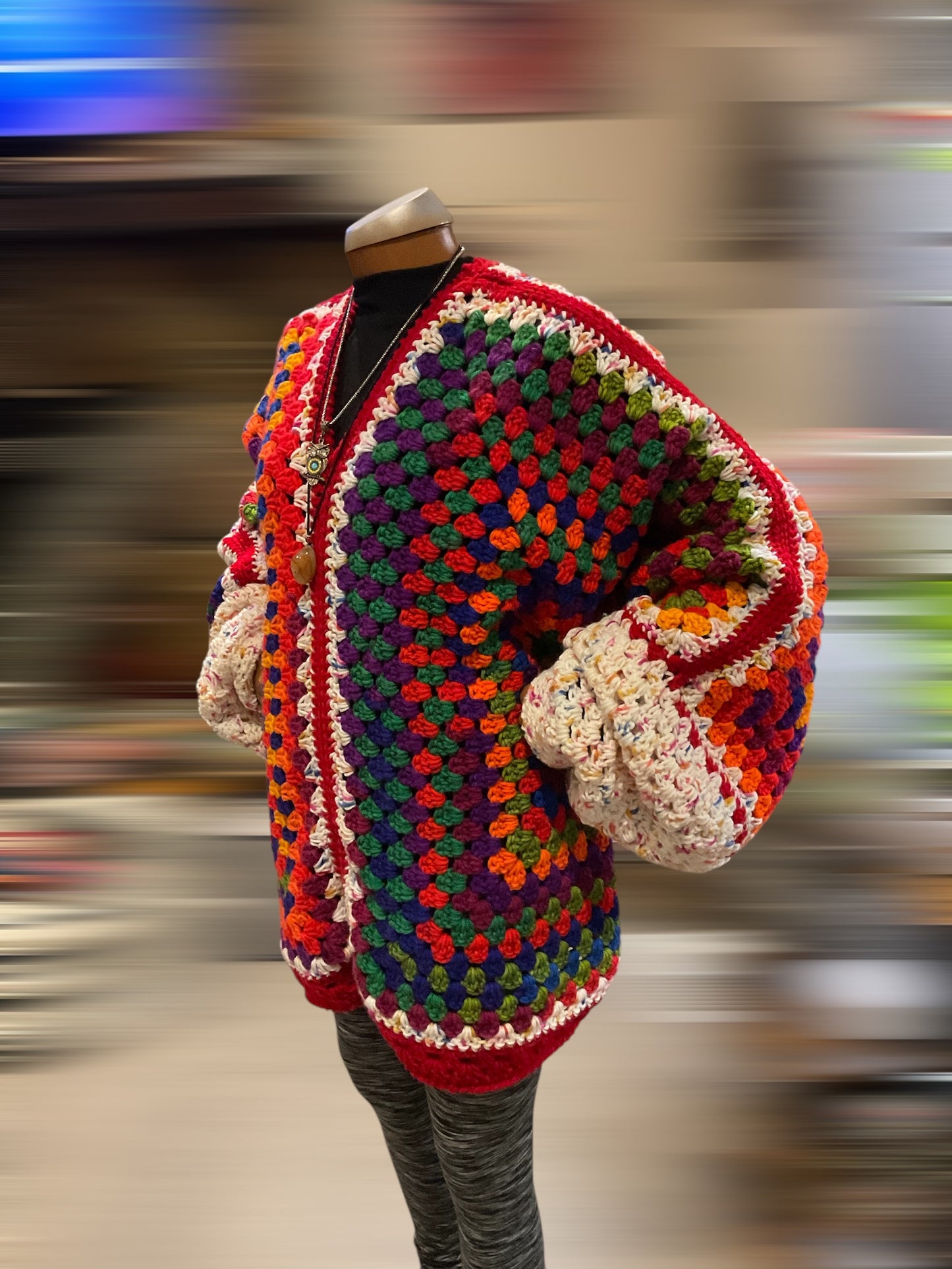 Handmade Oversized Pullover Granny Square Hexi Cardigan Multi-Colored, Long Sleeve, Sweater