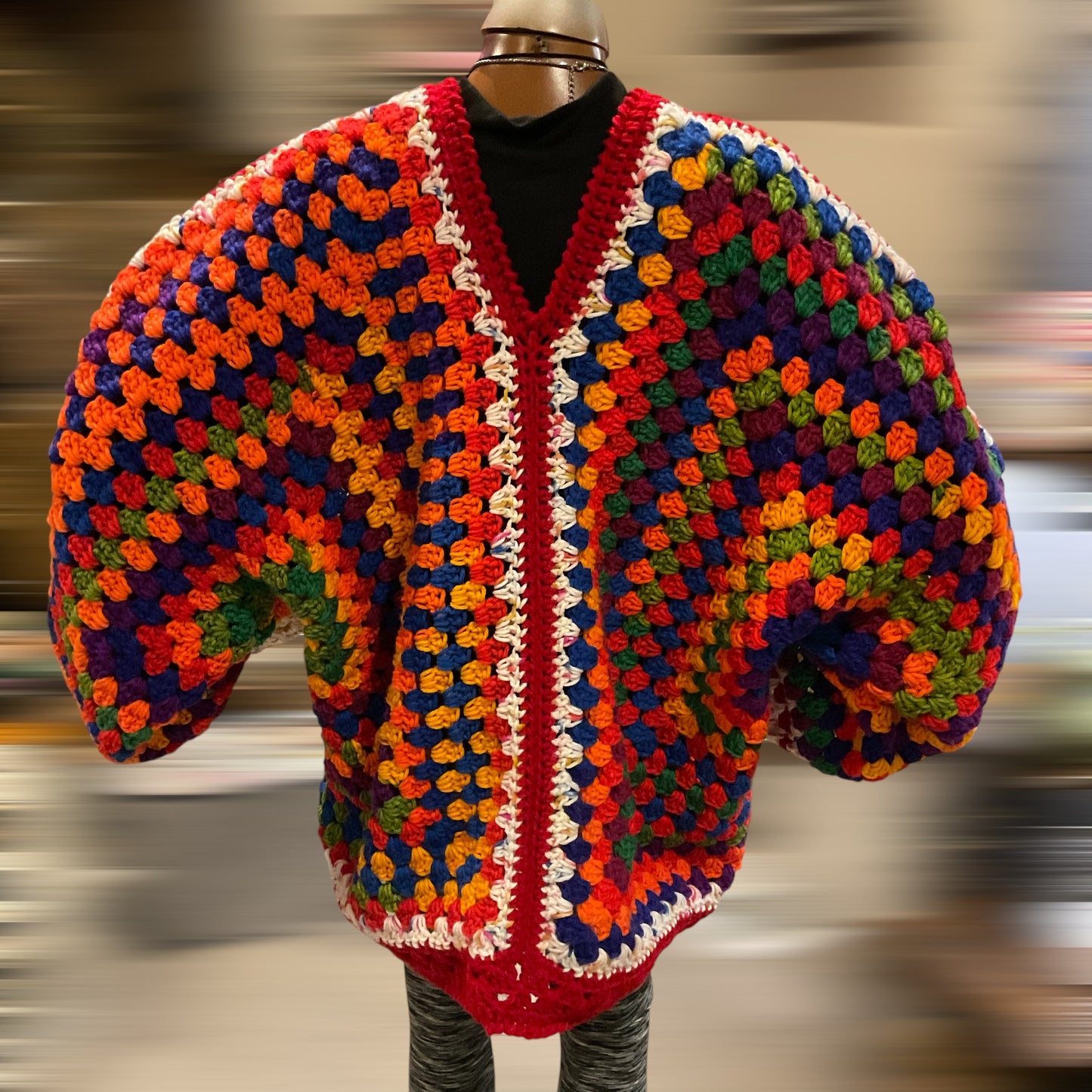 Handmade Oversized Pullover Granny Square Hexi Cardigan Multi-Colored, Long Sleeve, Sweater