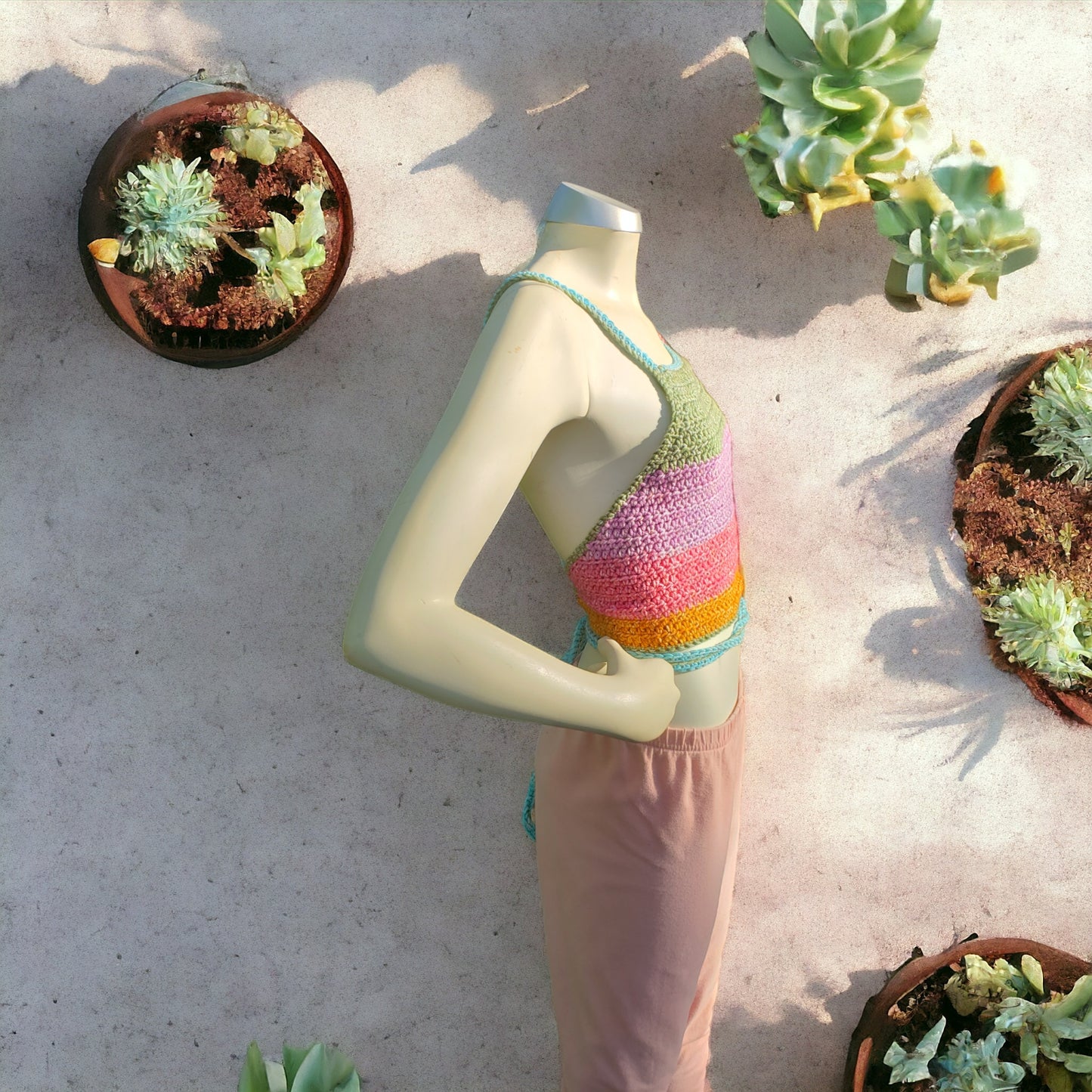 Handmade Crochet Halter Top, Multicolored, Green, Purple, Pink, Orange, Blue Yarn Tank Top