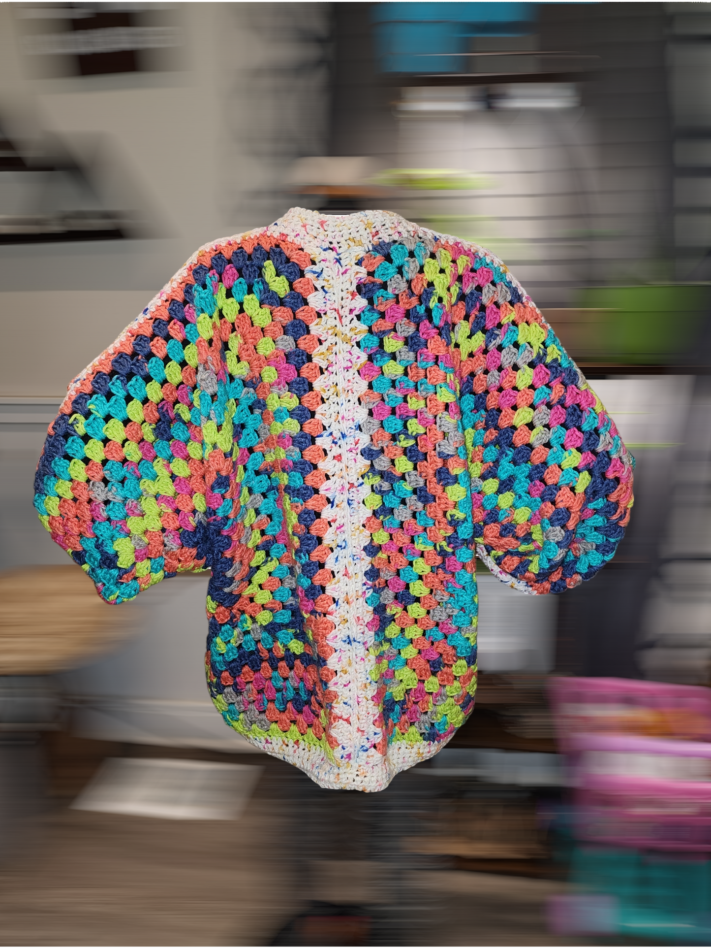 Handmade Oversized Crochet Multi Colored Cardigan Med-XXL Button Front Green, Blue,Pink, Orange, White, Festive