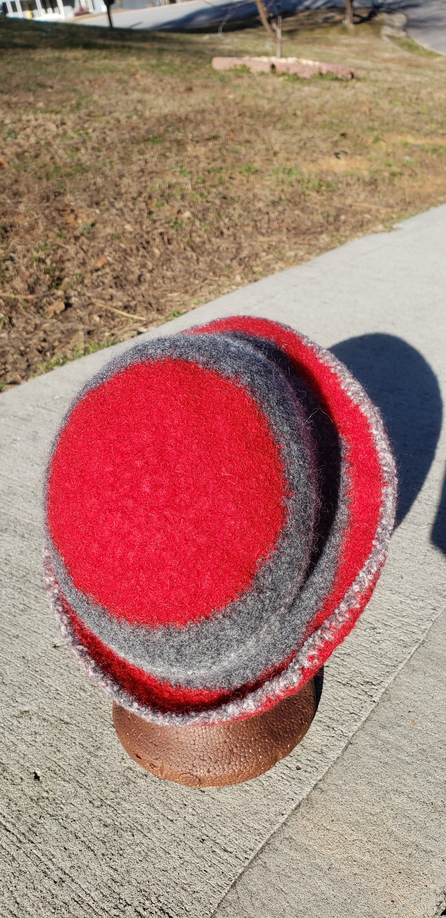 Grey and Red Felted Wool Crochet Hat