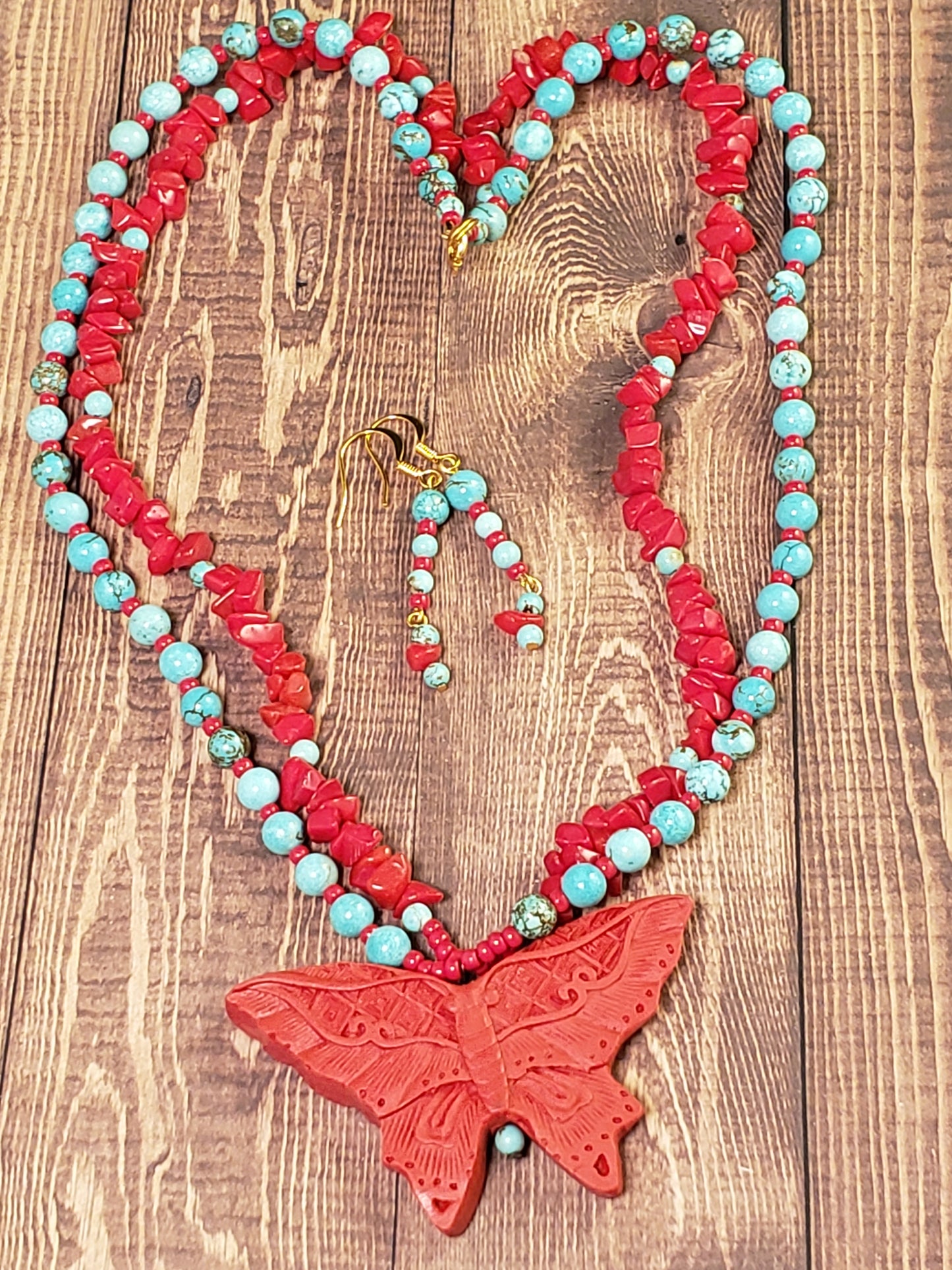 Cinnabar Butterfly OOAK Necklace & Earring Set