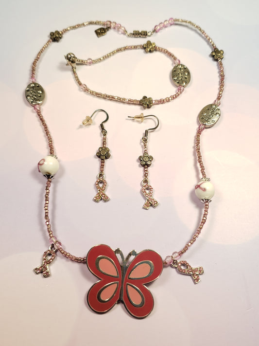 Breast Cancer Awareness Butterfly Necklace, Bracelet & Earring Set #5
