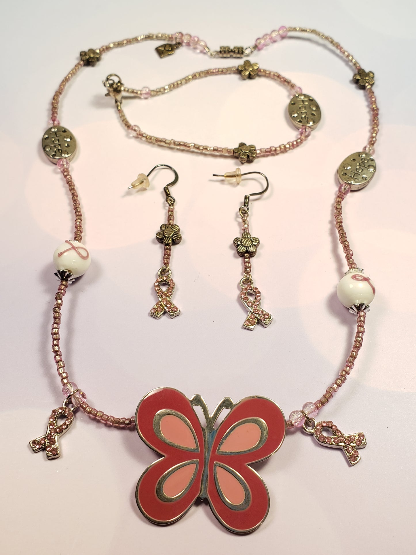 Breast Cancer Awareness Butterfly Necklace, Bracelet & Earring Set #5