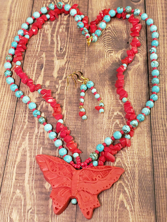 Cinnabar Butterfly OOAK Necklace & Earring Set