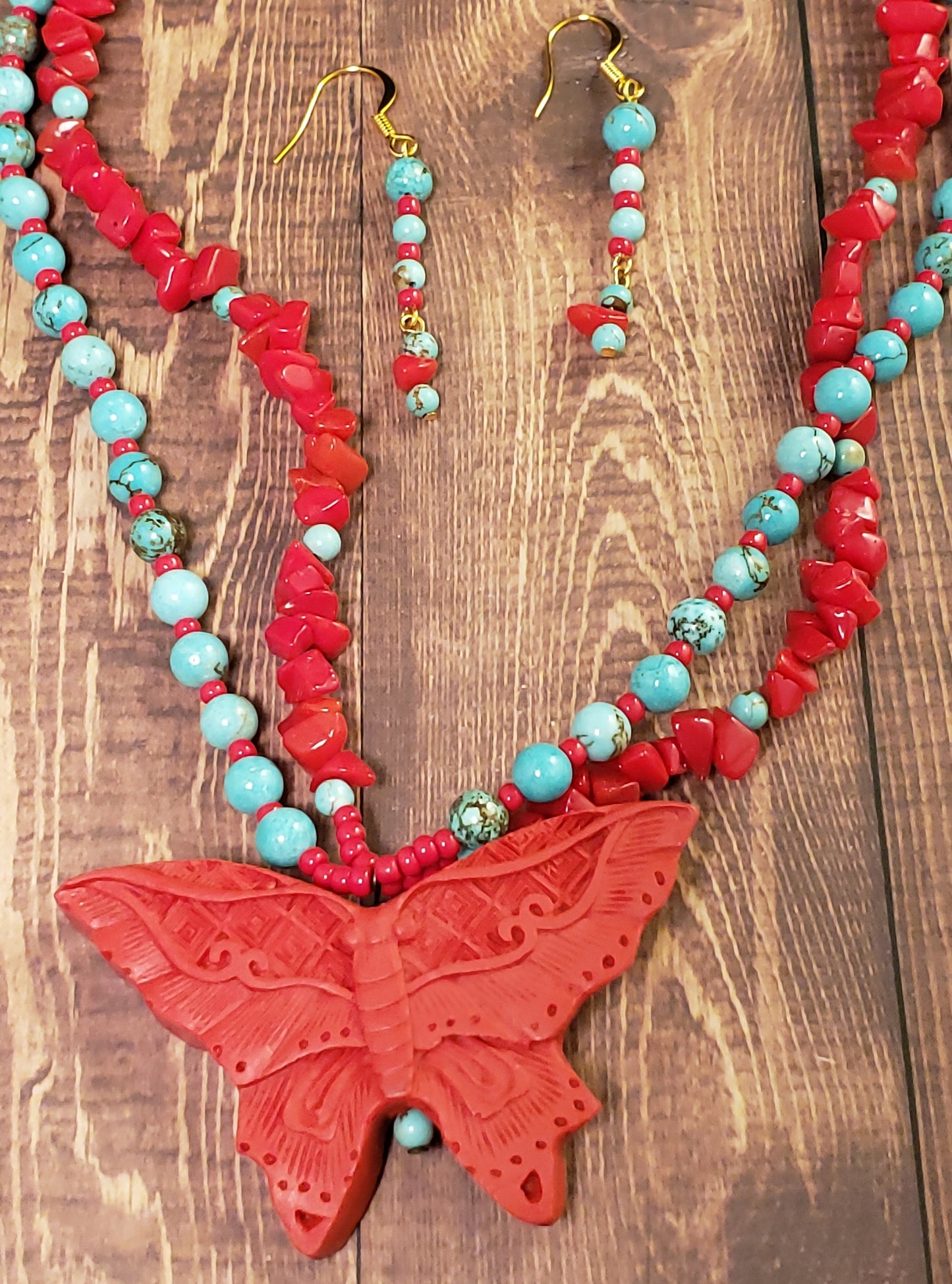 Cinnabar Butterfly OOAK Necklace & Earring Set