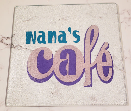 Nana's Café in Turquoise, Pink and Purple Glass Cutting board