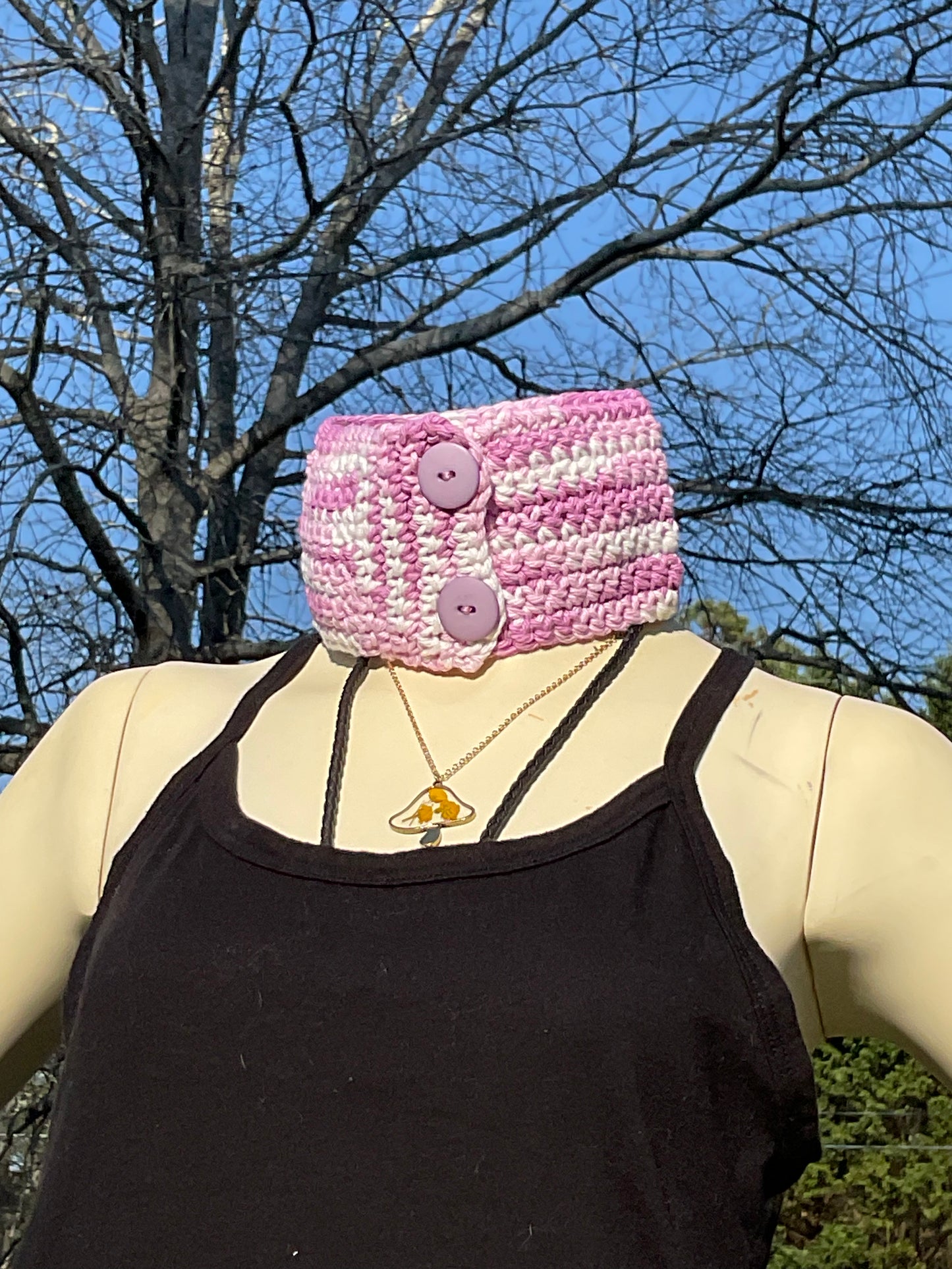 Handmade Crochet Lavender White Neck warmer Choker with Purple Button Cotton yarn