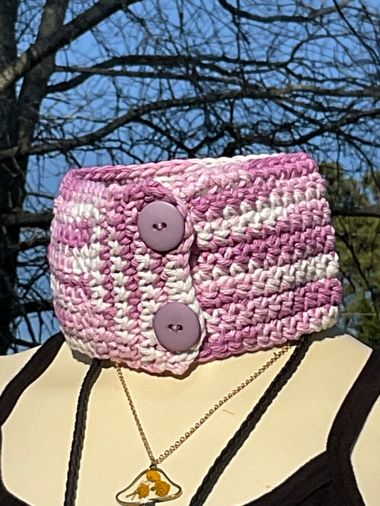 Handmade Crochet Lavender White Neck warmer Choker with Purple Button Cotton yarn