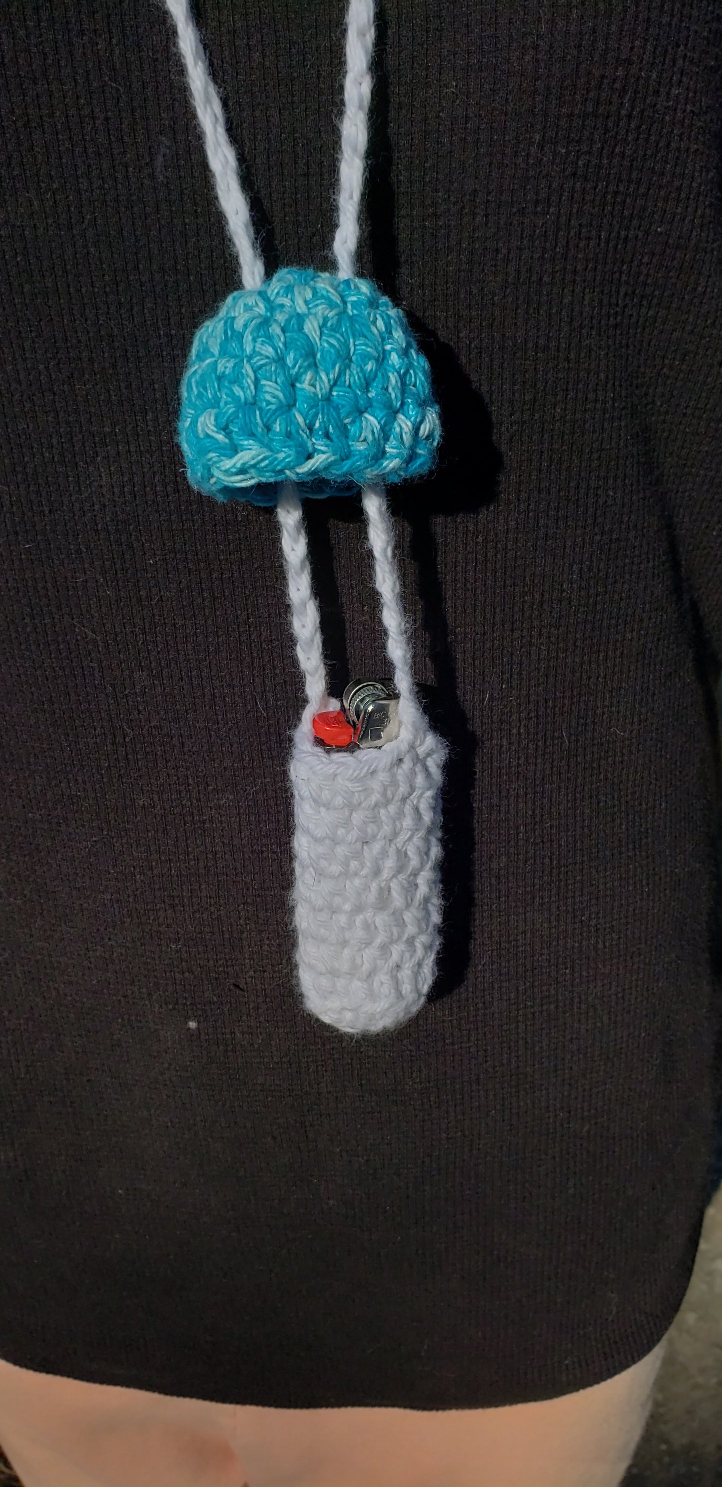 Crochet Mushroom Lip Gloss Lighter Money Holder White W/ Turquoise Cap