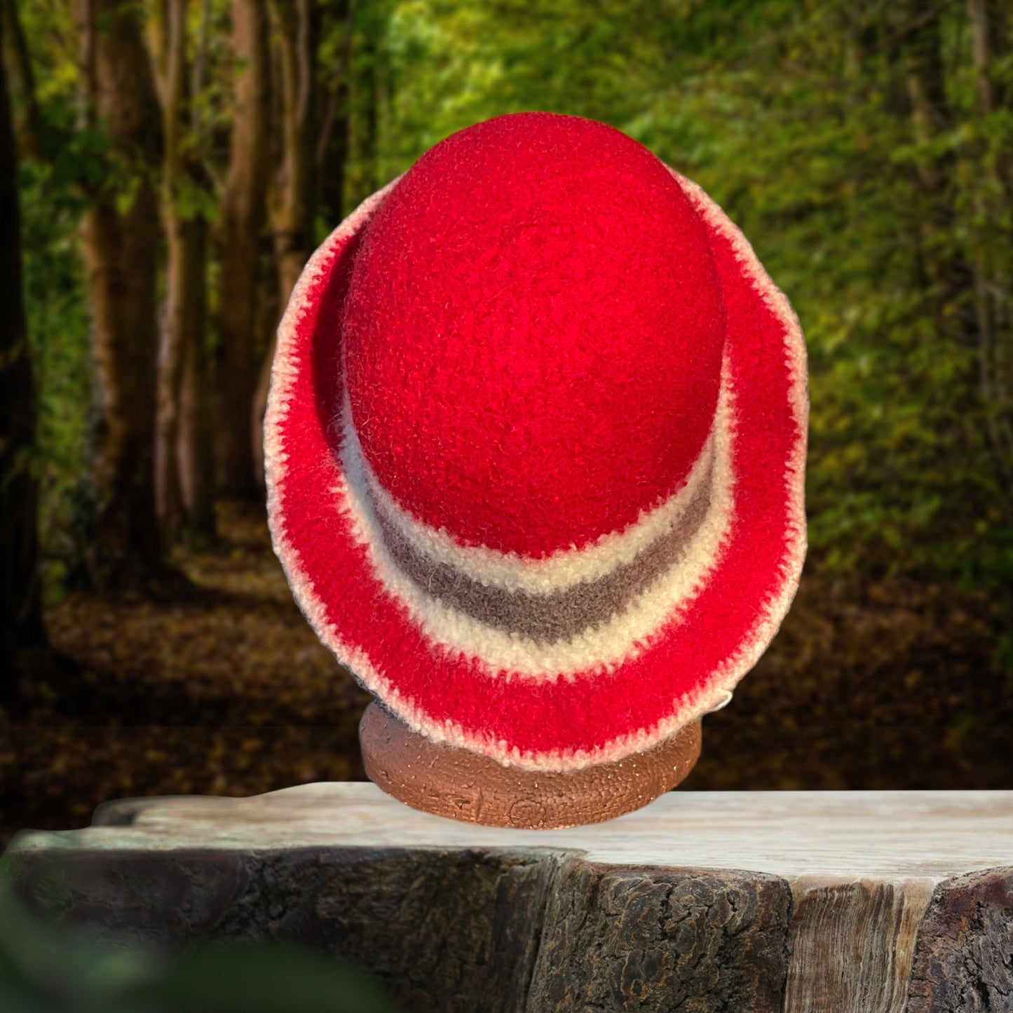 100% Wool Felted Crochet Hat Bright Red, Aran, Heath Heather Grey