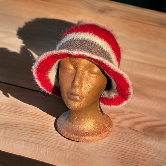 100% Wool Felted Crochet Hat Bright Red, Aran, Heath Heather Grey