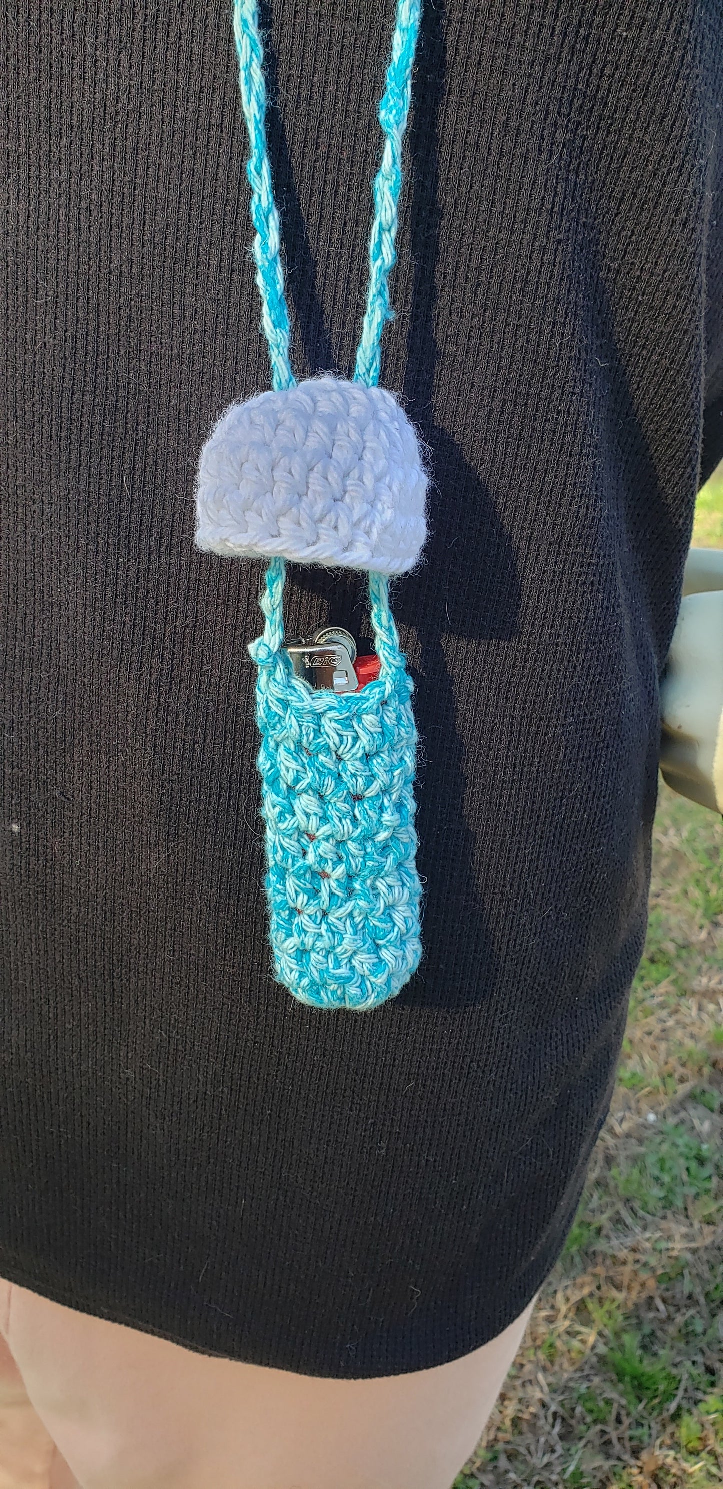 Crochet Mushroom Lip Gloss Lighter Money Holder Turquoise and White Cap