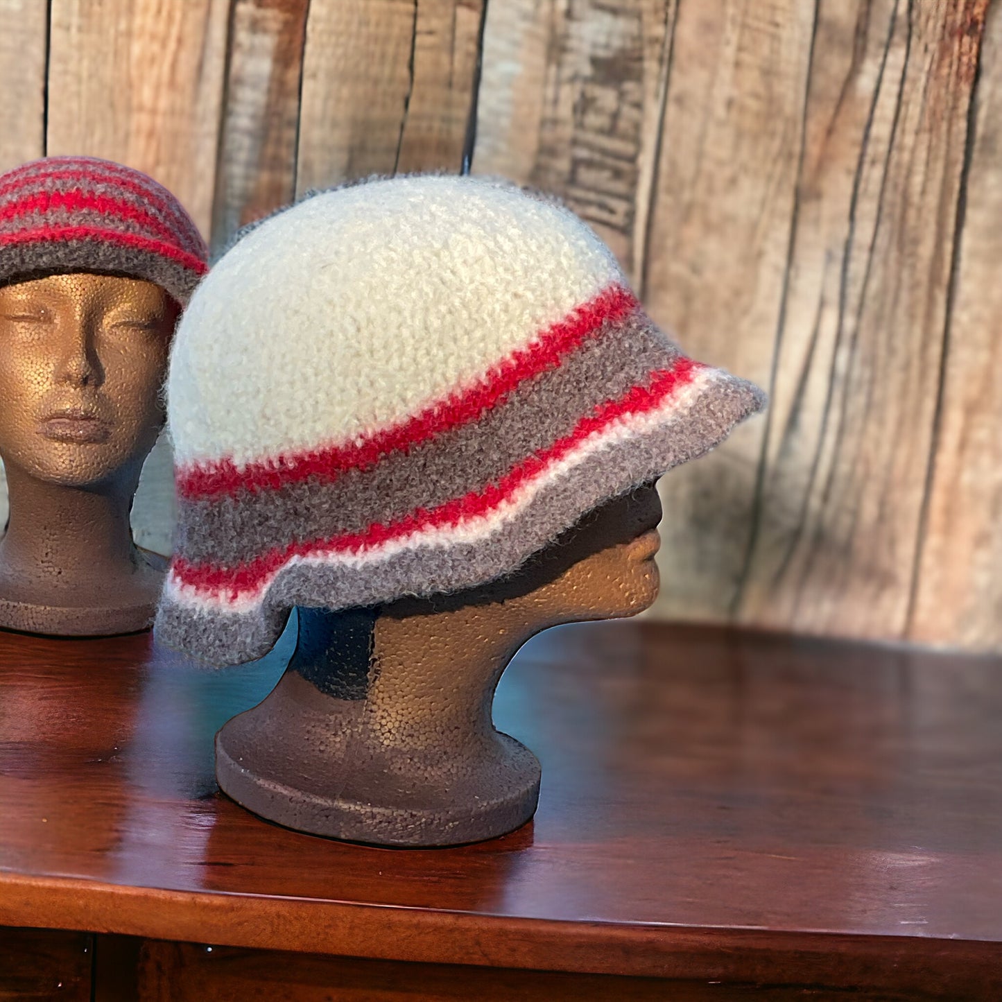 100% Wool Felted Crochet Hat Aran, Heath Heather Grey & Bright Red Color Patons Yarn