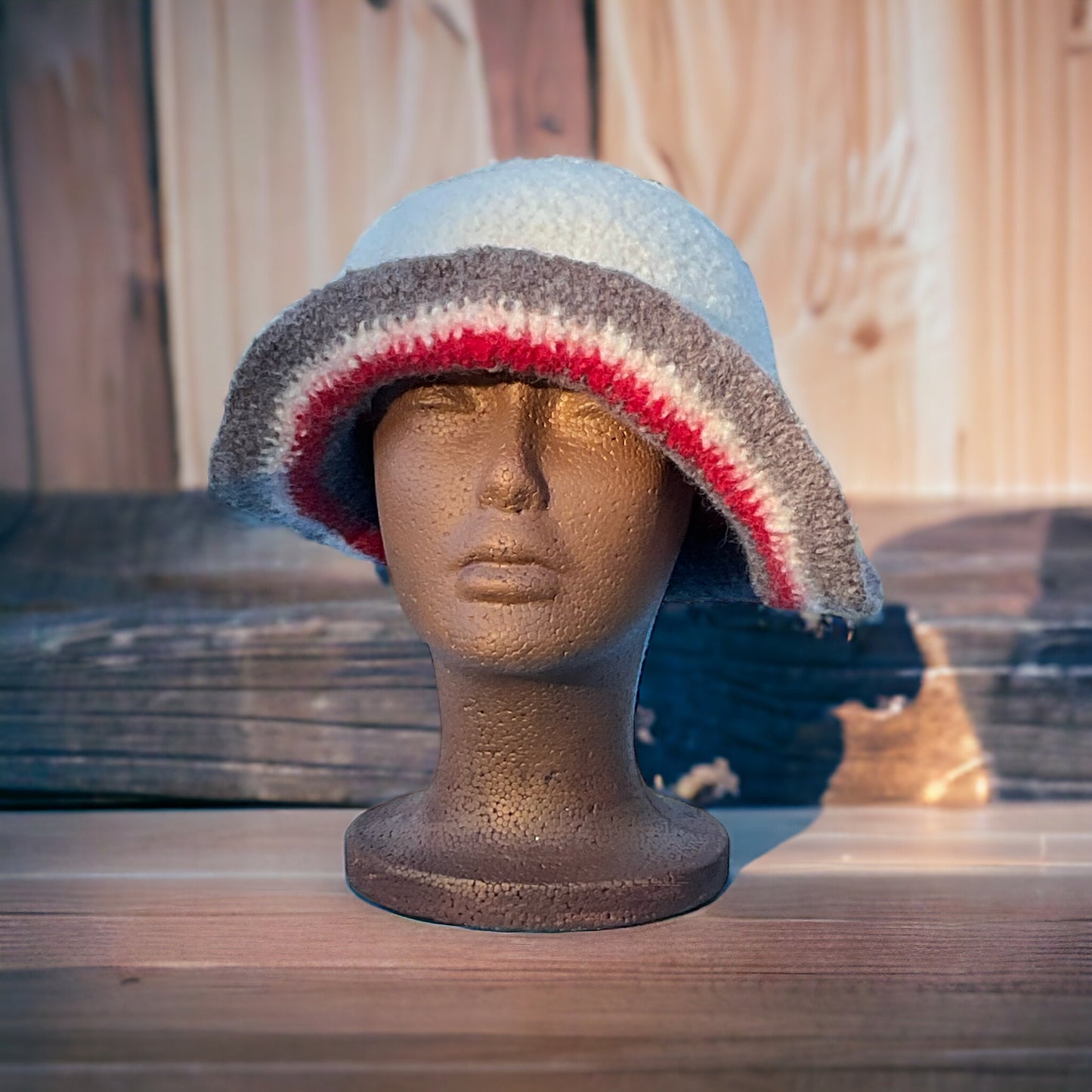 100% Wool Felted Crochet Hat Aran, Heath Heather Grey & Bright Red Color Patons Yarn