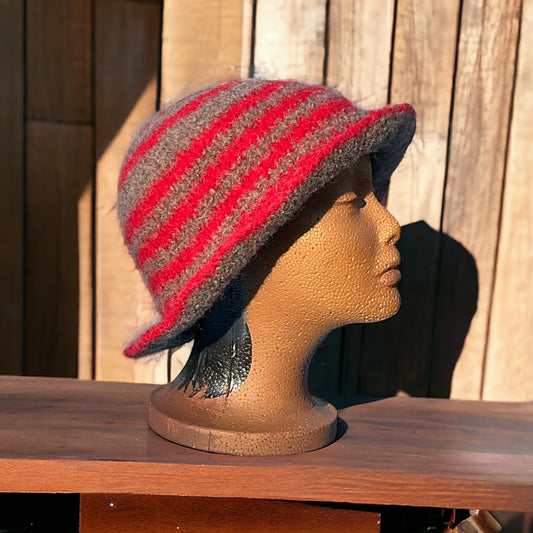 100% Wool Felted Crochet Hat Bright Red, Aran, Heath Heather Grey