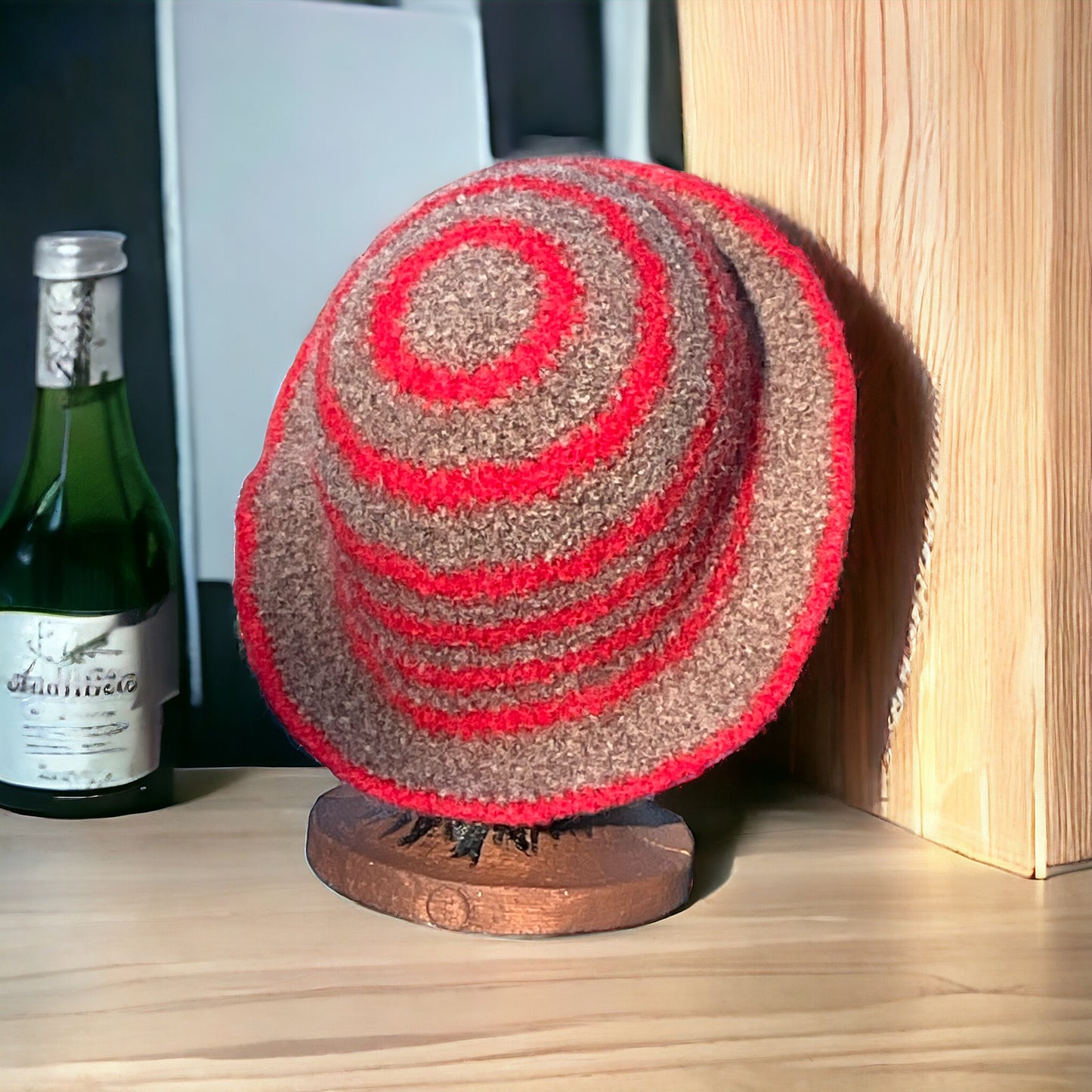 100% Wool Felted Crochet Hat Bright Red, Aran, Heath Heather Grey