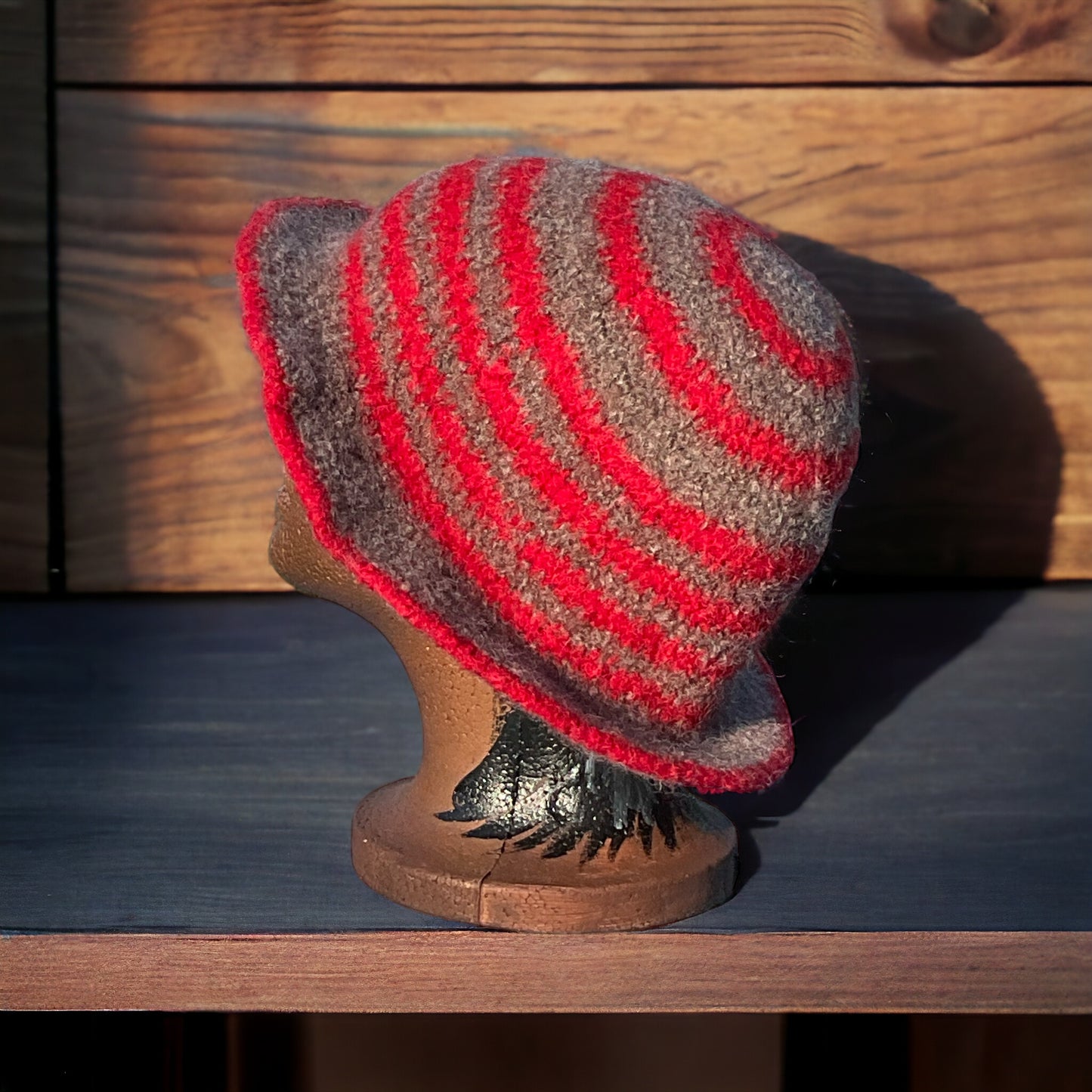 100% Wool Felted Crochet Hat Bright Red, Aran, Heath Heather Grey