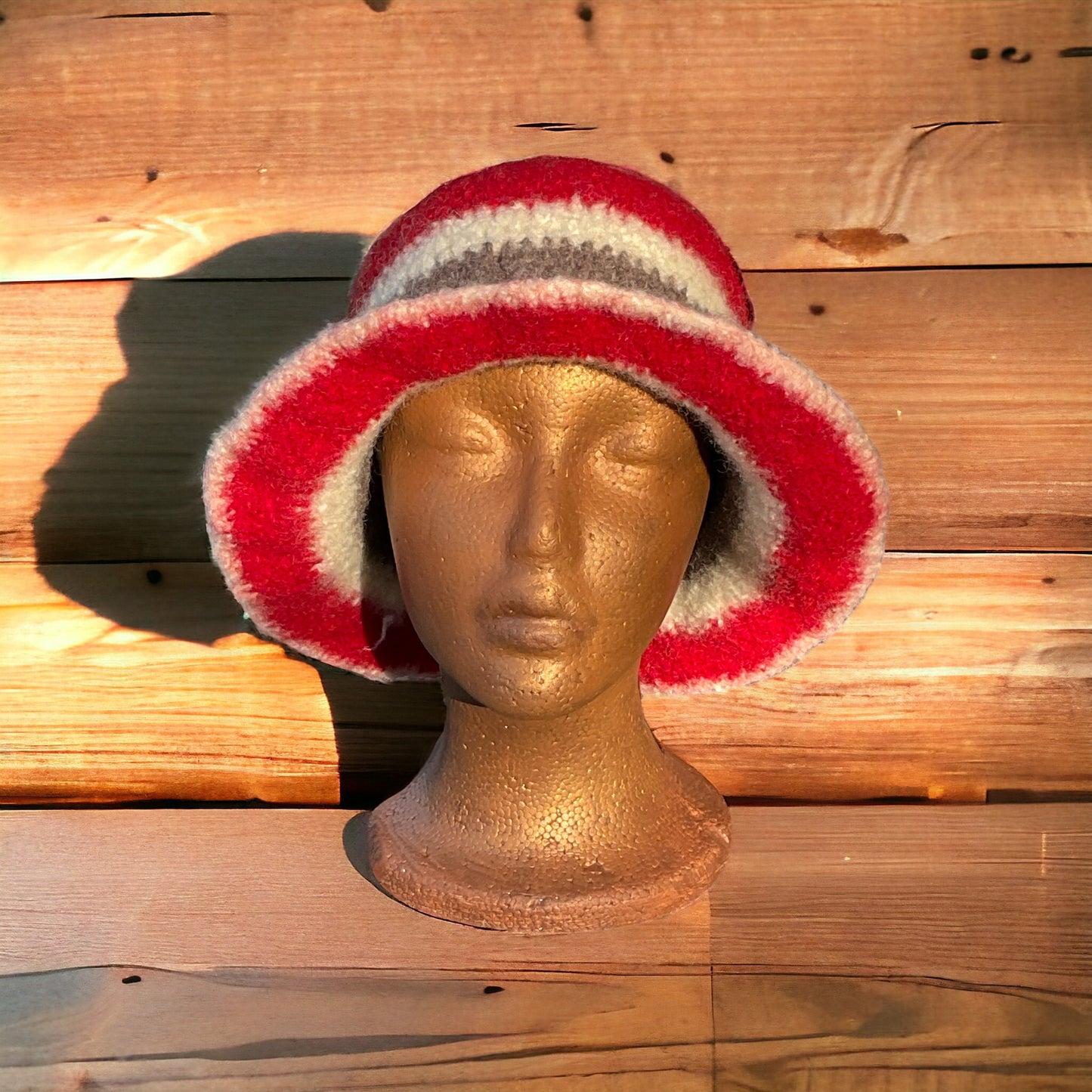 100% Wool Felted Crochet Hat Bright Red, Aran, Heath Heather Grey