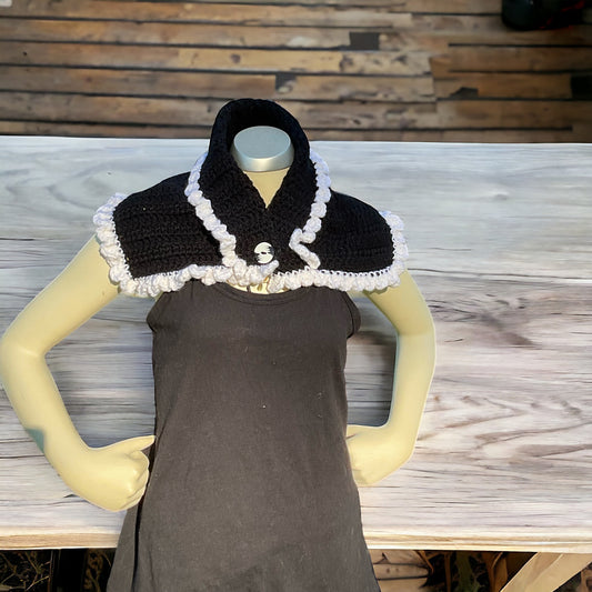 Handmade Black & White Crochet Neck warmer Shoulder shawl w/ Button