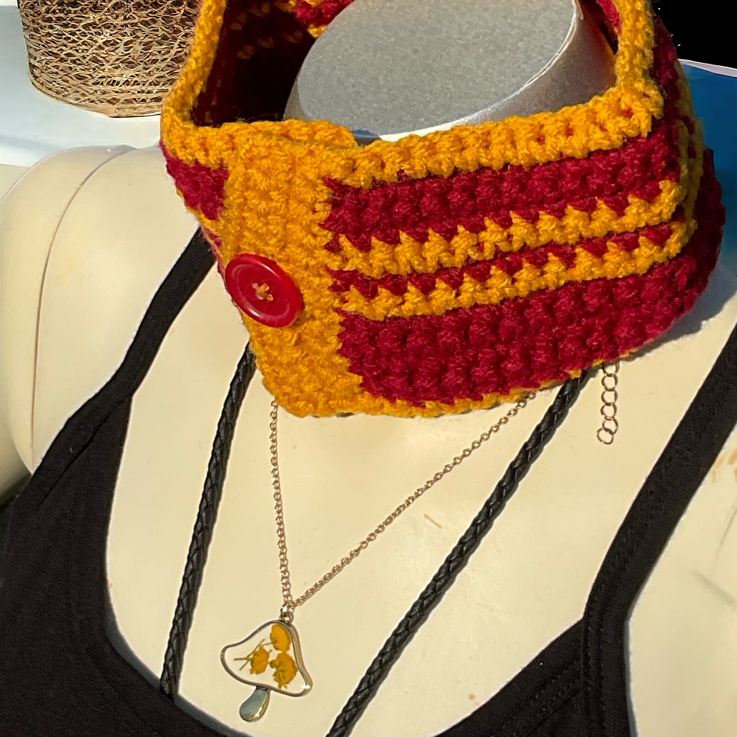 Handmade Crochet Burgundy Gold Neck warmer Choker with Button Red Heart yarn Acrylic