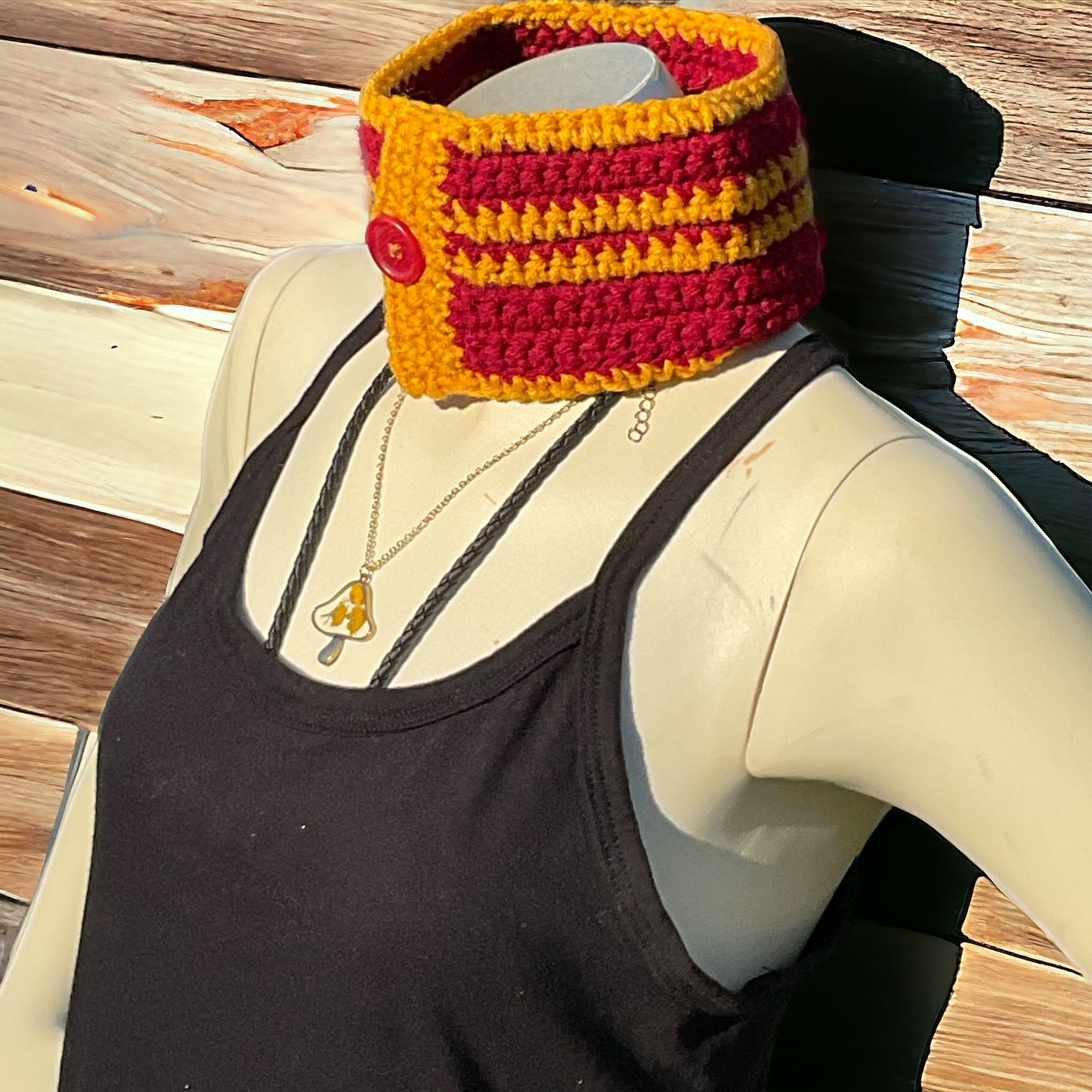 Handmade Crochet Burgundy Gold Neck warmer Choker with Button Red Heart yarn Acrylic