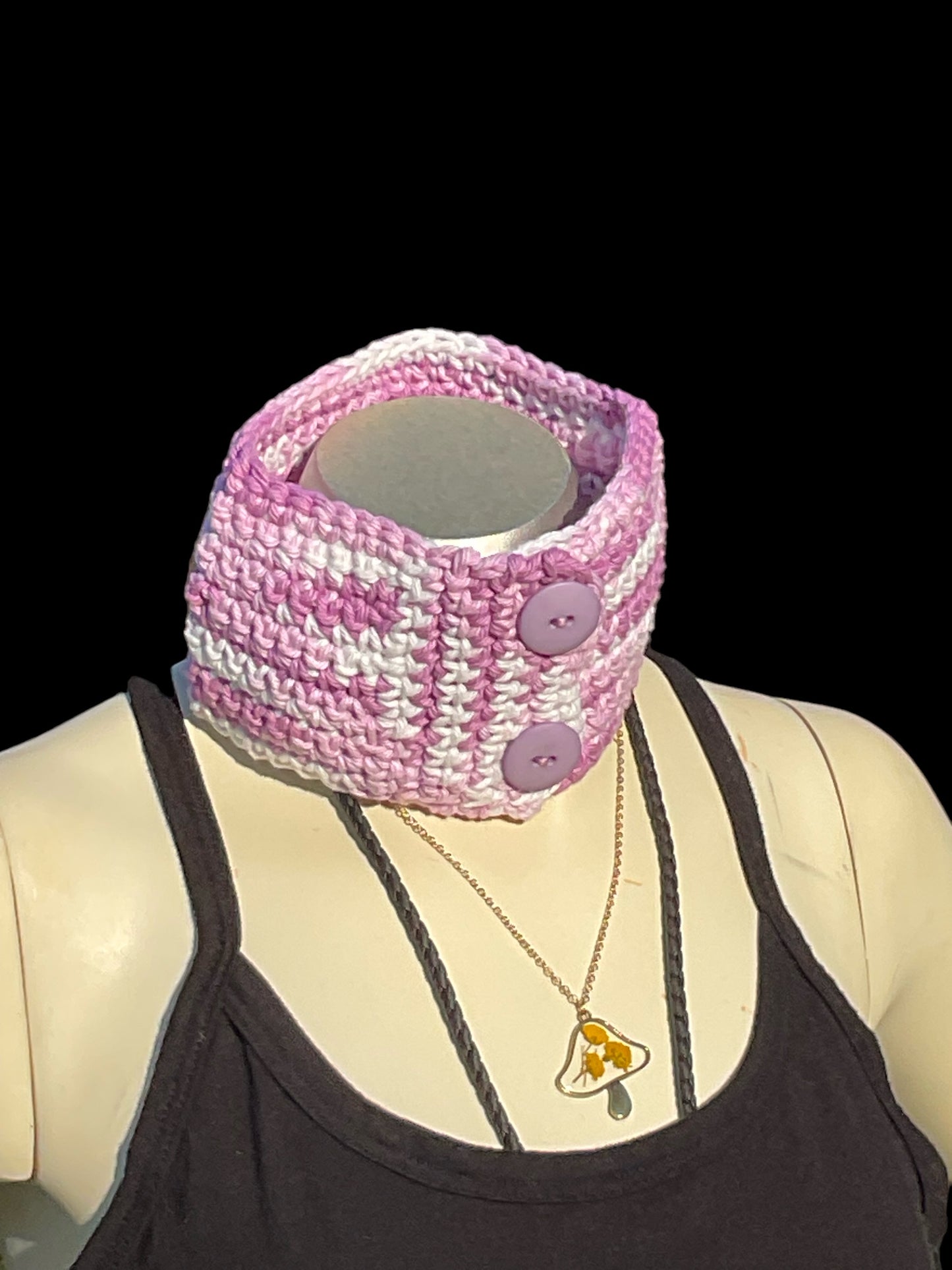 Handmade Crochet Lavender White Neck warmer Choker with Purple Button Cotton yarn