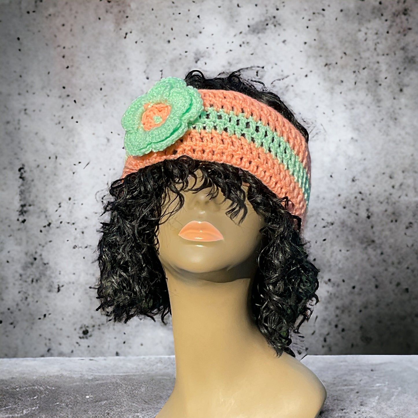 Handmade Crochet Headband Coral Peach Green Flower Sparkle Yarn