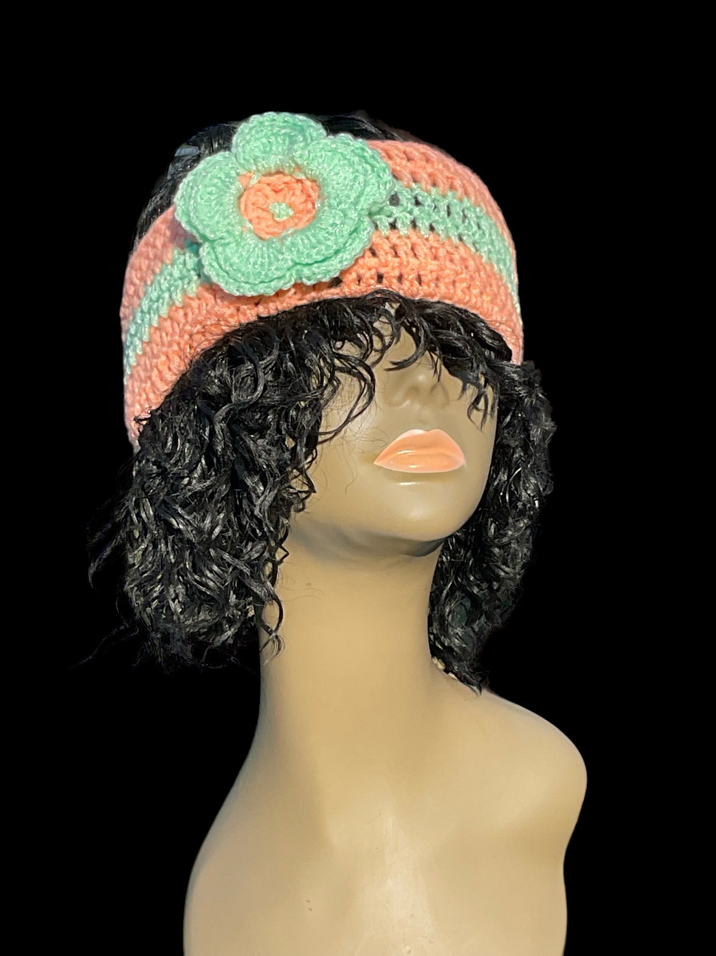 Handmade Crochet Headband Coral Peach Green Flower Sparkle Yarn