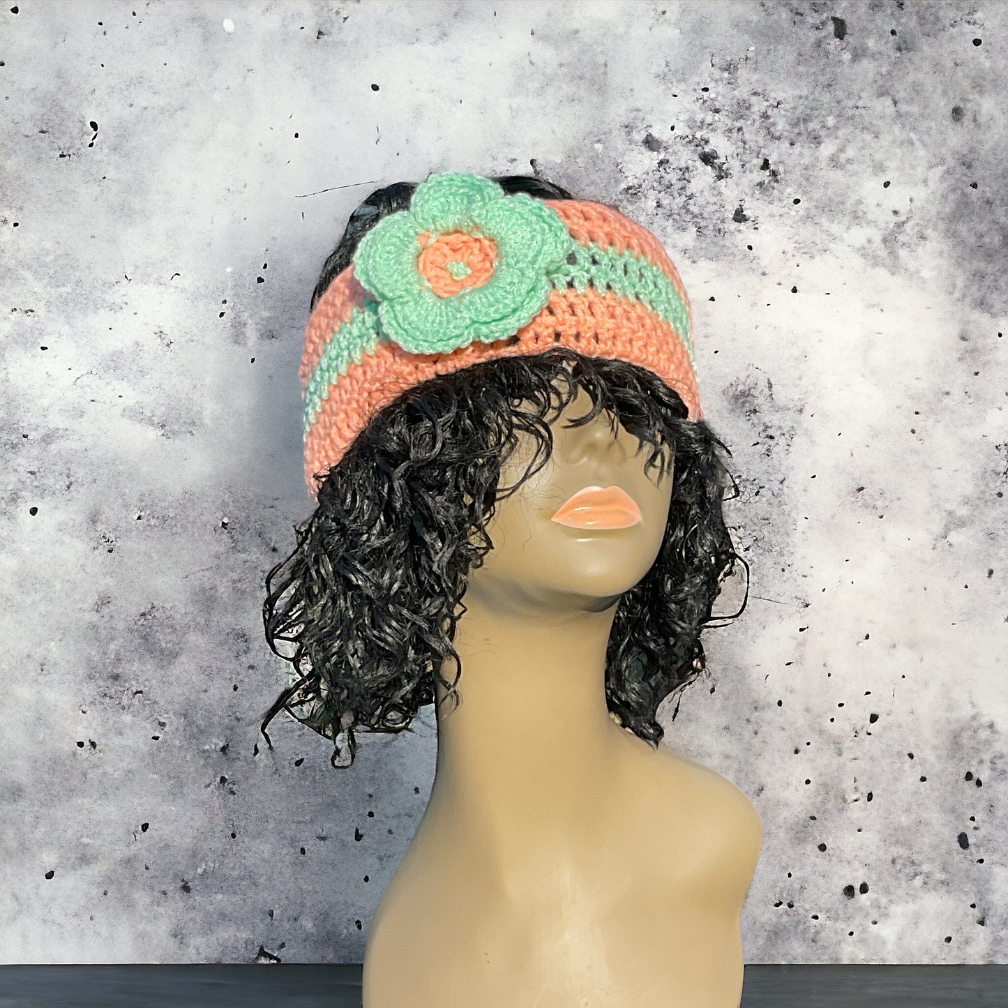 Handmade Crochet Headband Coral Peach Green Flower Sparkle Yarn