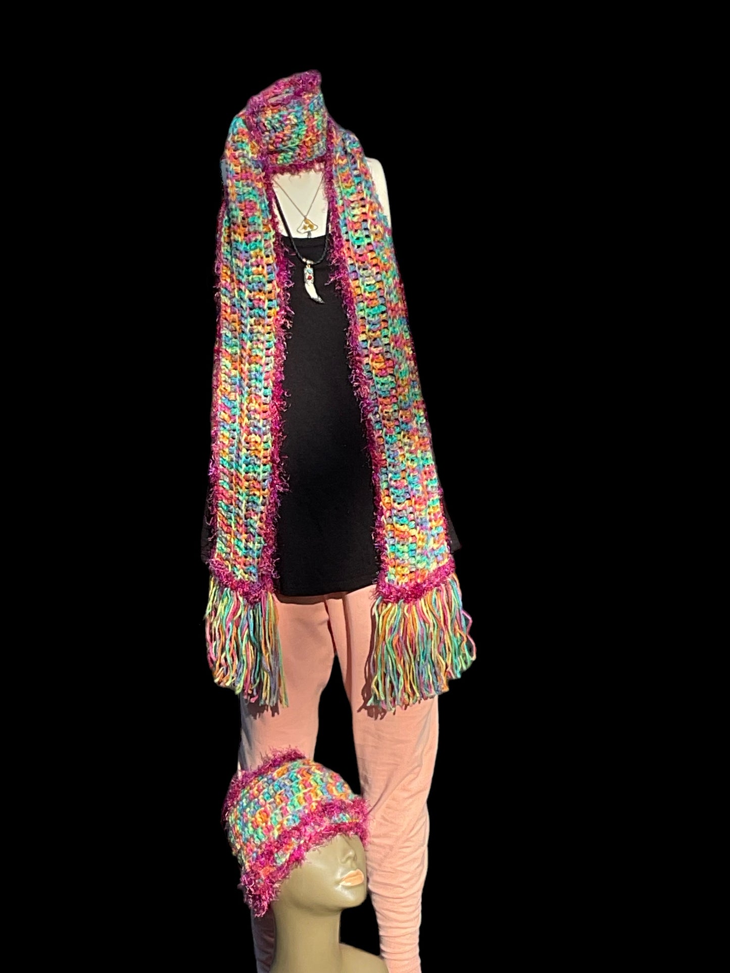 Crochet Hat & Scarf set Multicolored with fringe and sparkle Yarn edging OOAK Size All