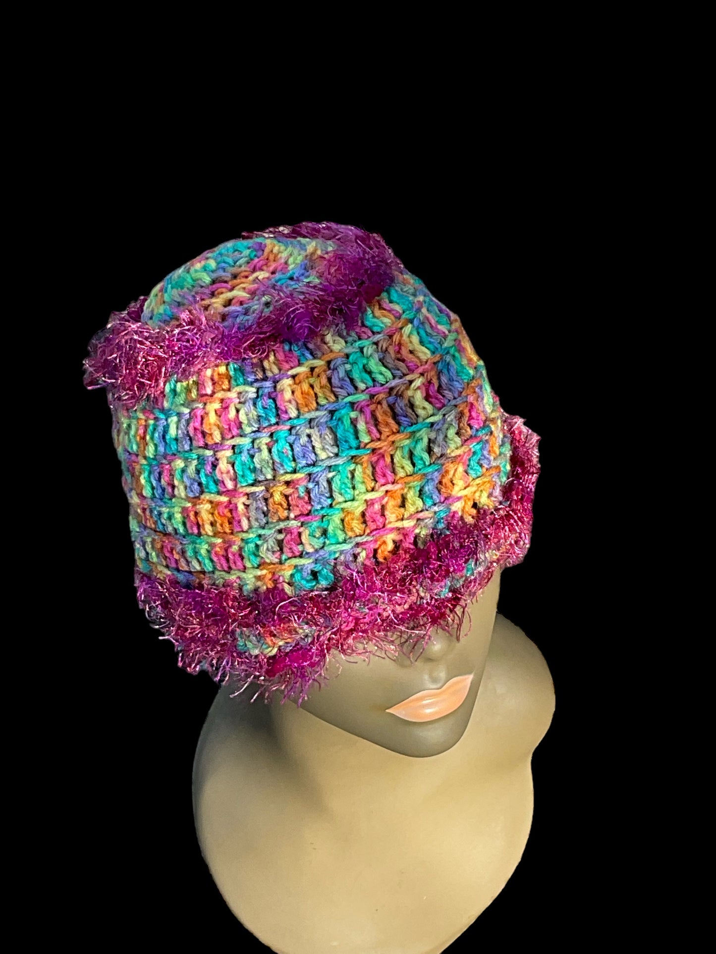 Crochet Hat & Scarf set Multicolored with fringe and sparkle Yarn edging OOAK Size All