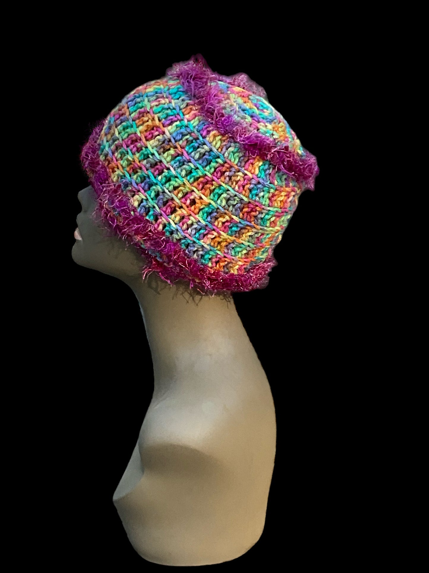 Crochet Hat & Scarf set Multicolored with fringe and sparkle Yarn edging OOAK Size All