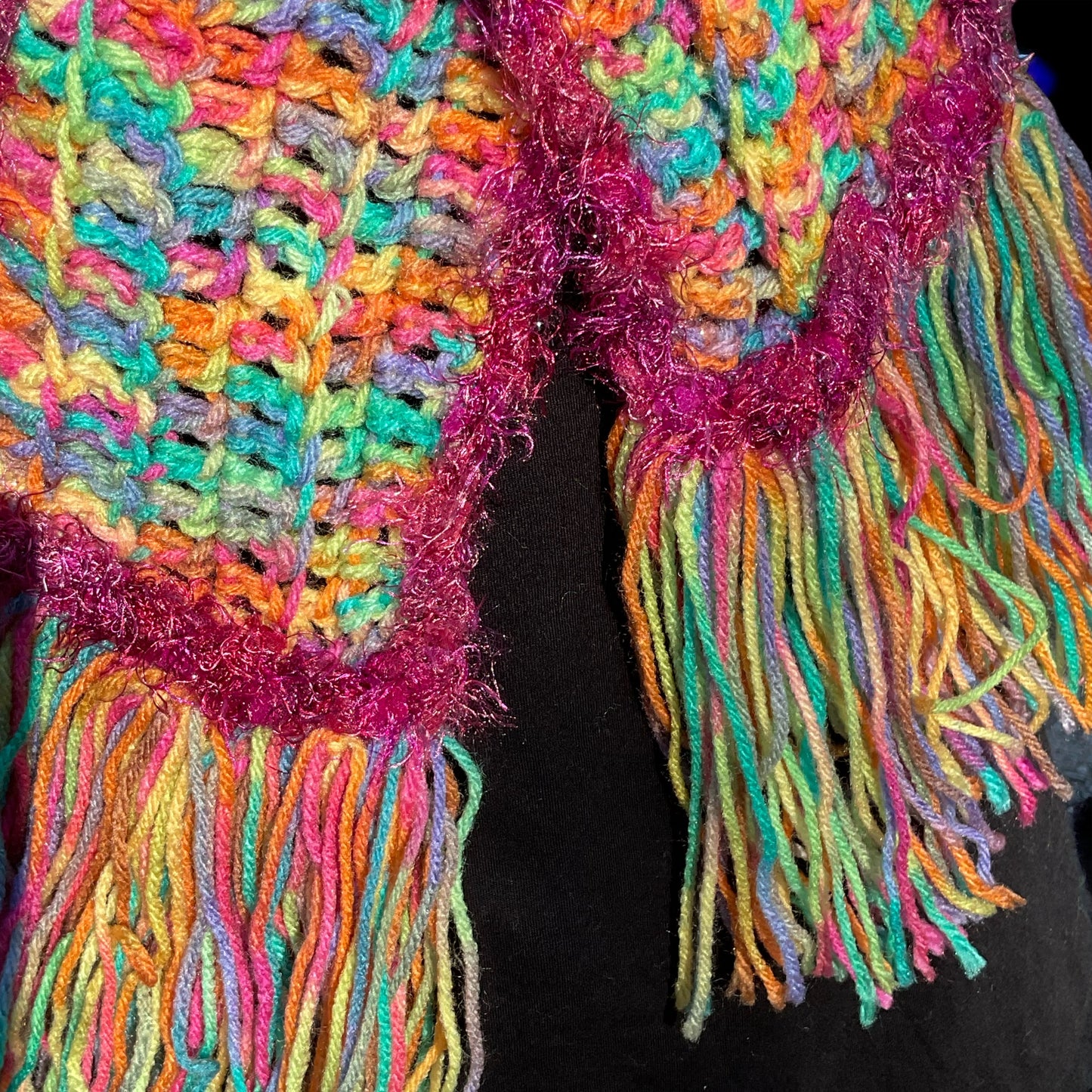 Crochet Hat & Scarf set Multicolored with fringe and sparkle Yarn edging OOAK Size All