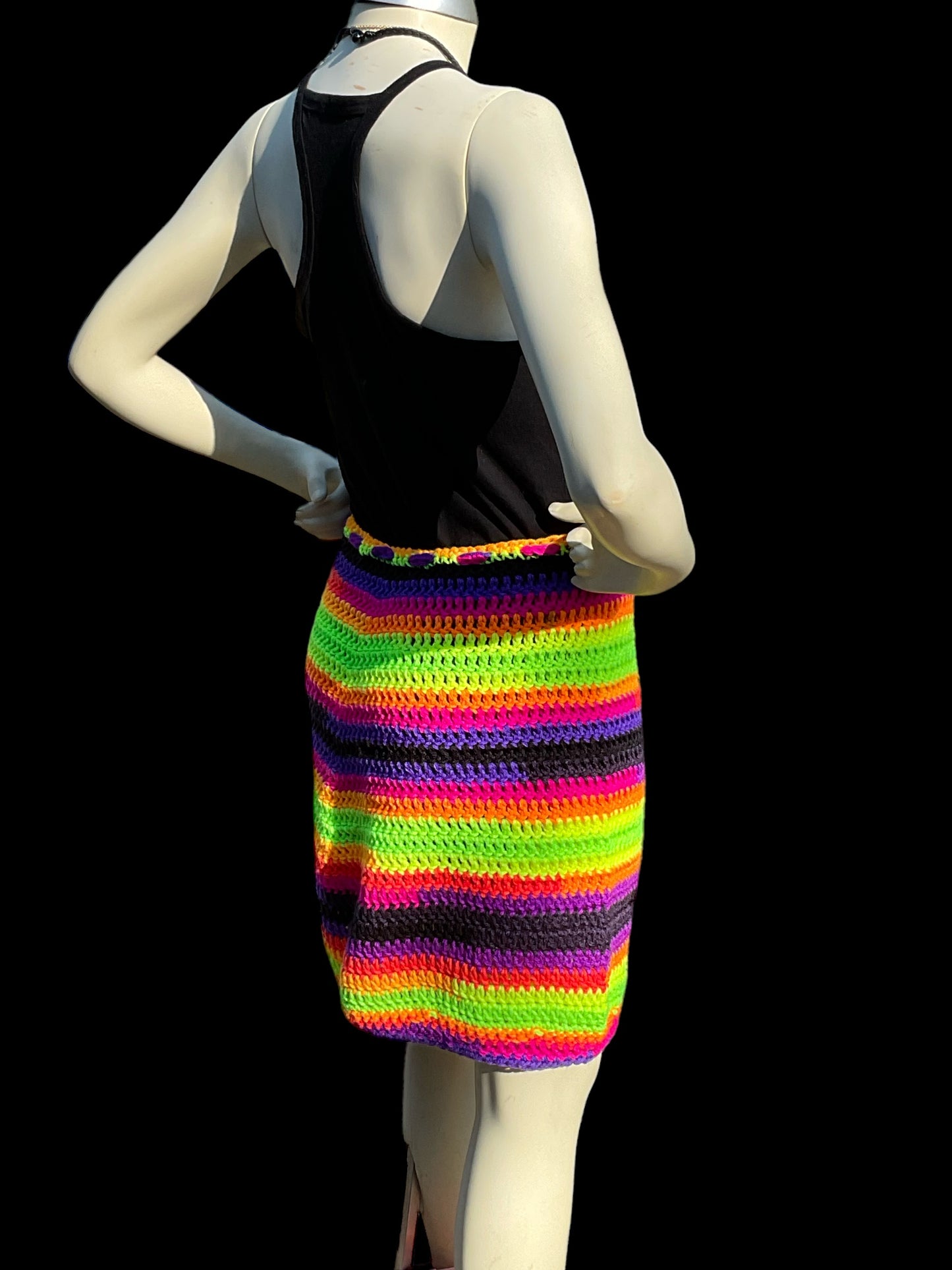 Handmade Neon Crochet Skirt Drawstring Closure Red Heart Stripes