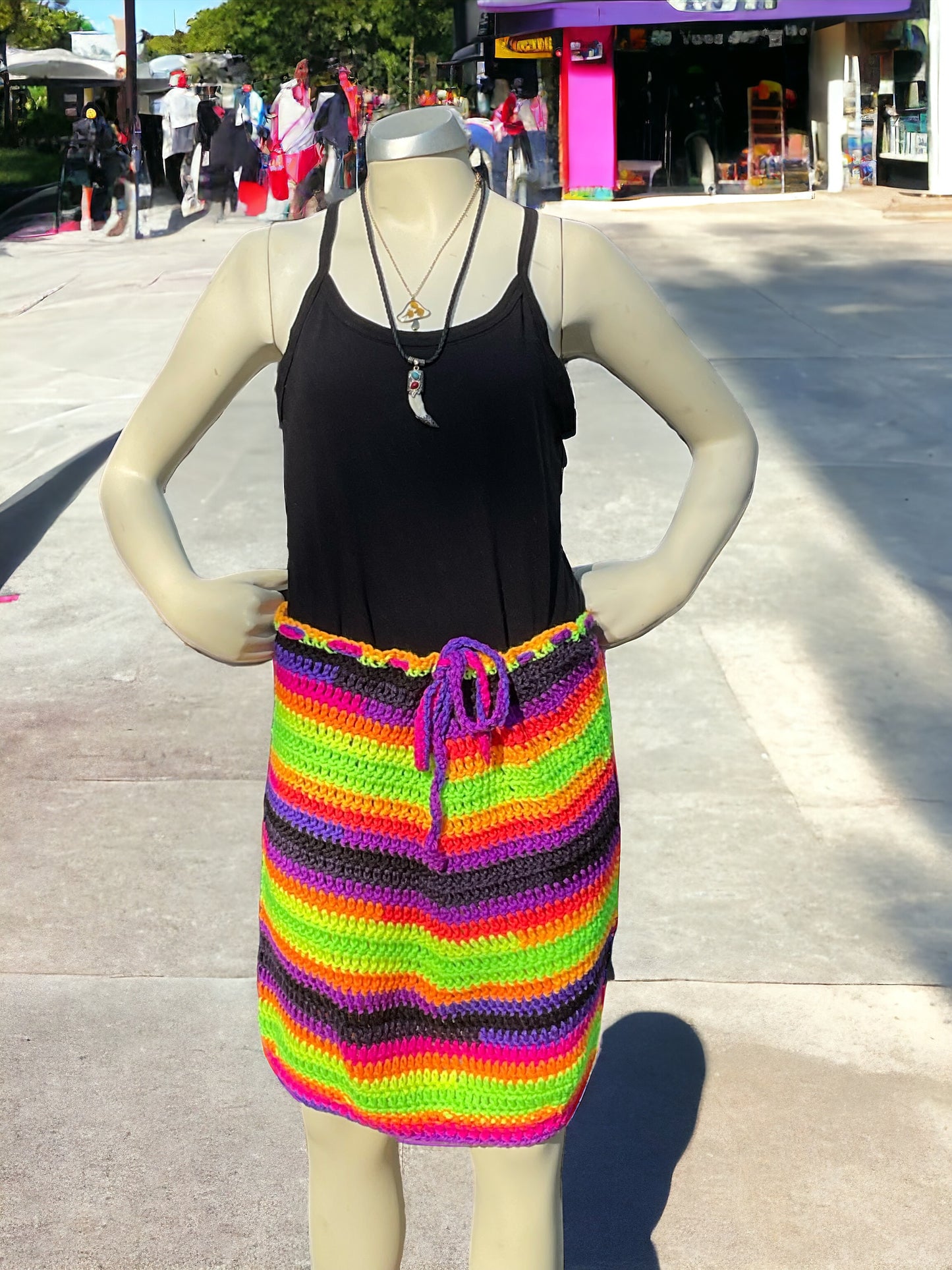 Handmade Neon Crochet Skirt Drawstring Closure Red Heart Stripes