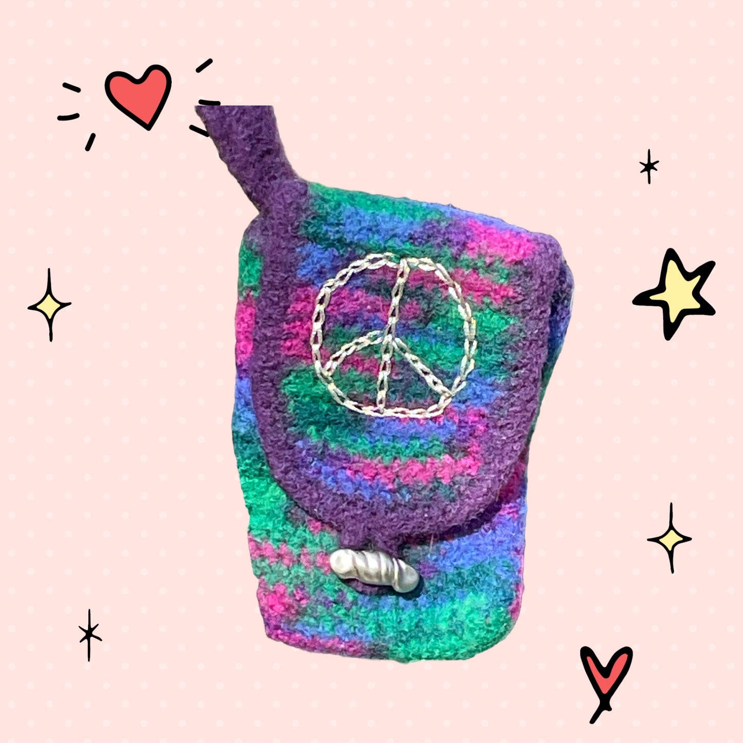 Handcrafted Crochet Wristlet Peace Sign Multi Color for Phone, ID, Cash, lipgloss